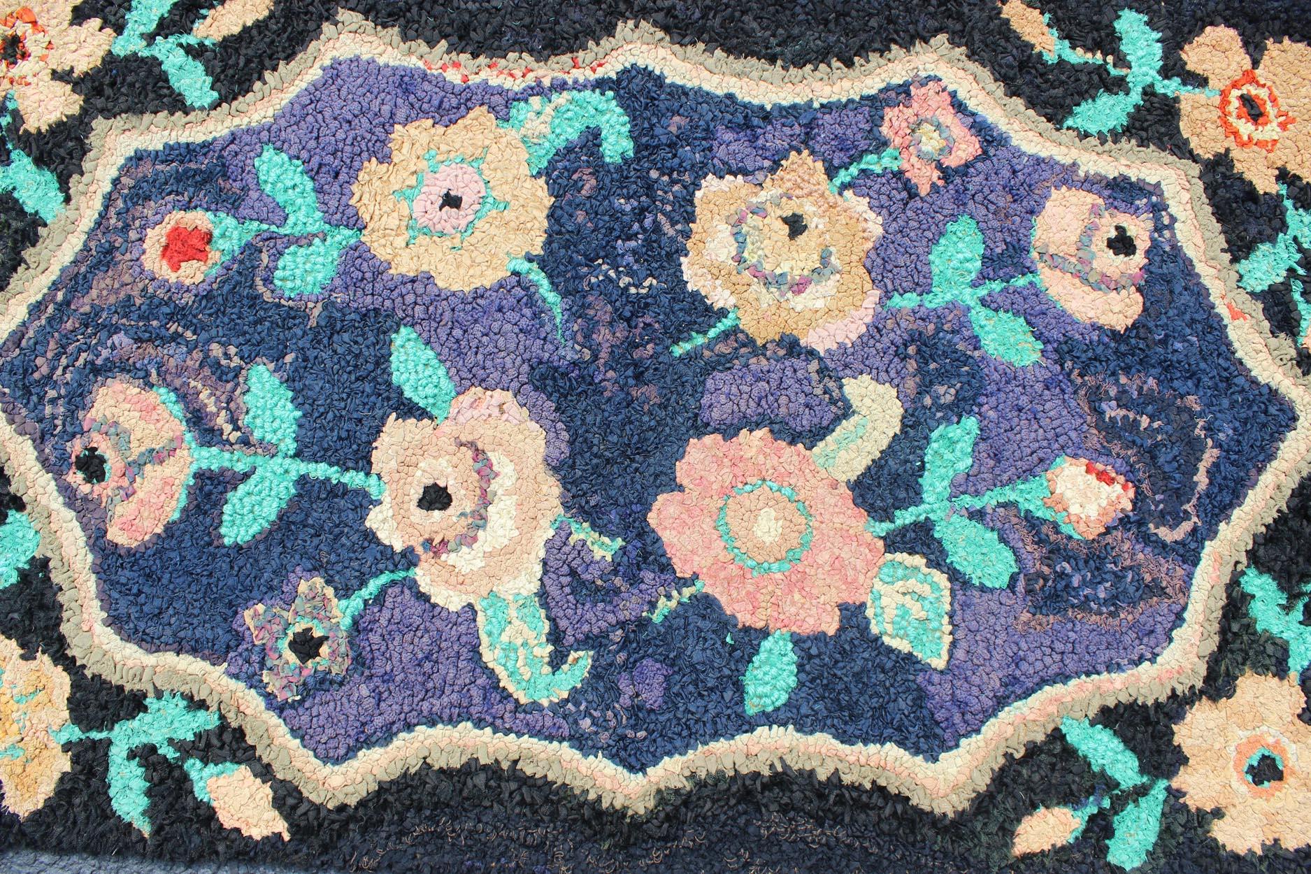 20th Century American Hooked Rug in Floral Pattern with Medallion on Purple/Blue, Black For Sale