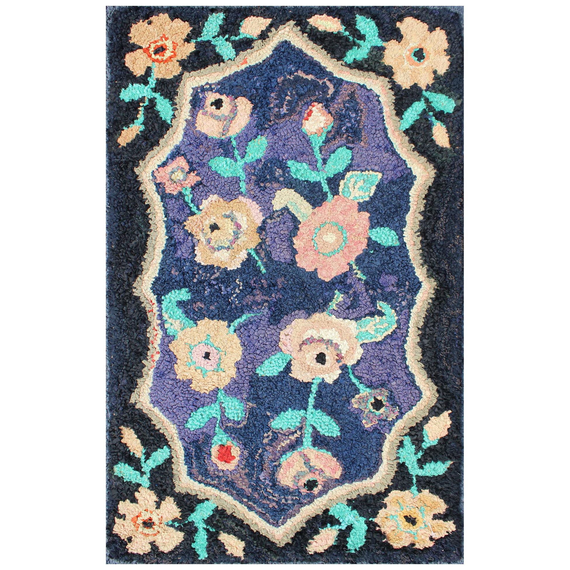 American Hooked Rug in Floral Pattern with Medallion on Purple/Blue, Black