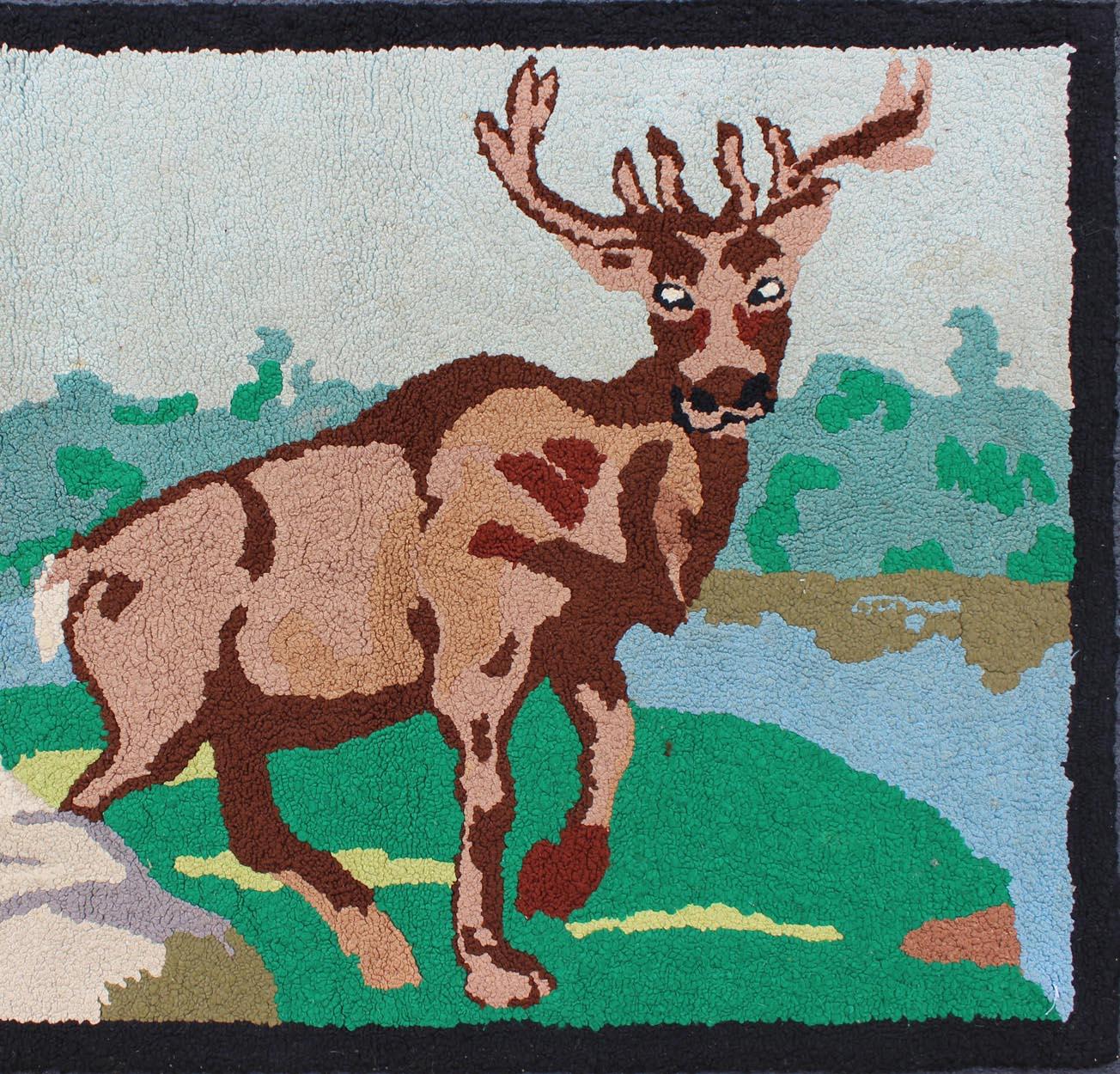 American Hooked rug featuring a Elk in the high mountains, rug 13-0403, country of origin / type: United States / Hooked, circa 1940

The Hooked Rug depicts the Elk, Aspen Trees, and a lake/river in the background. 

Measures: 2'9 x 3'11.