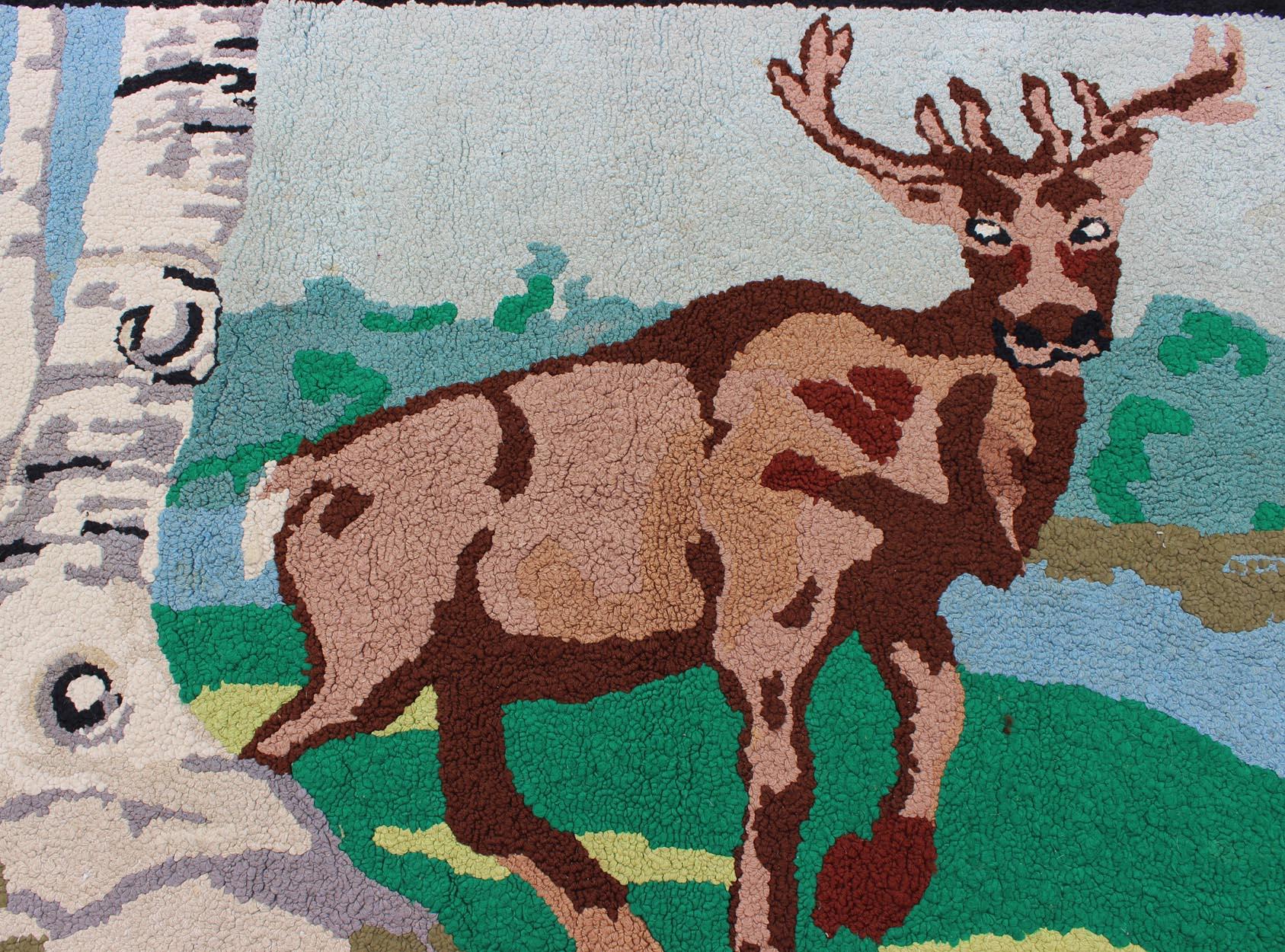 American Hooked Rug with a Bull Elk and Aspen Trees In Good Condition For Sale In Atlanta, GA
