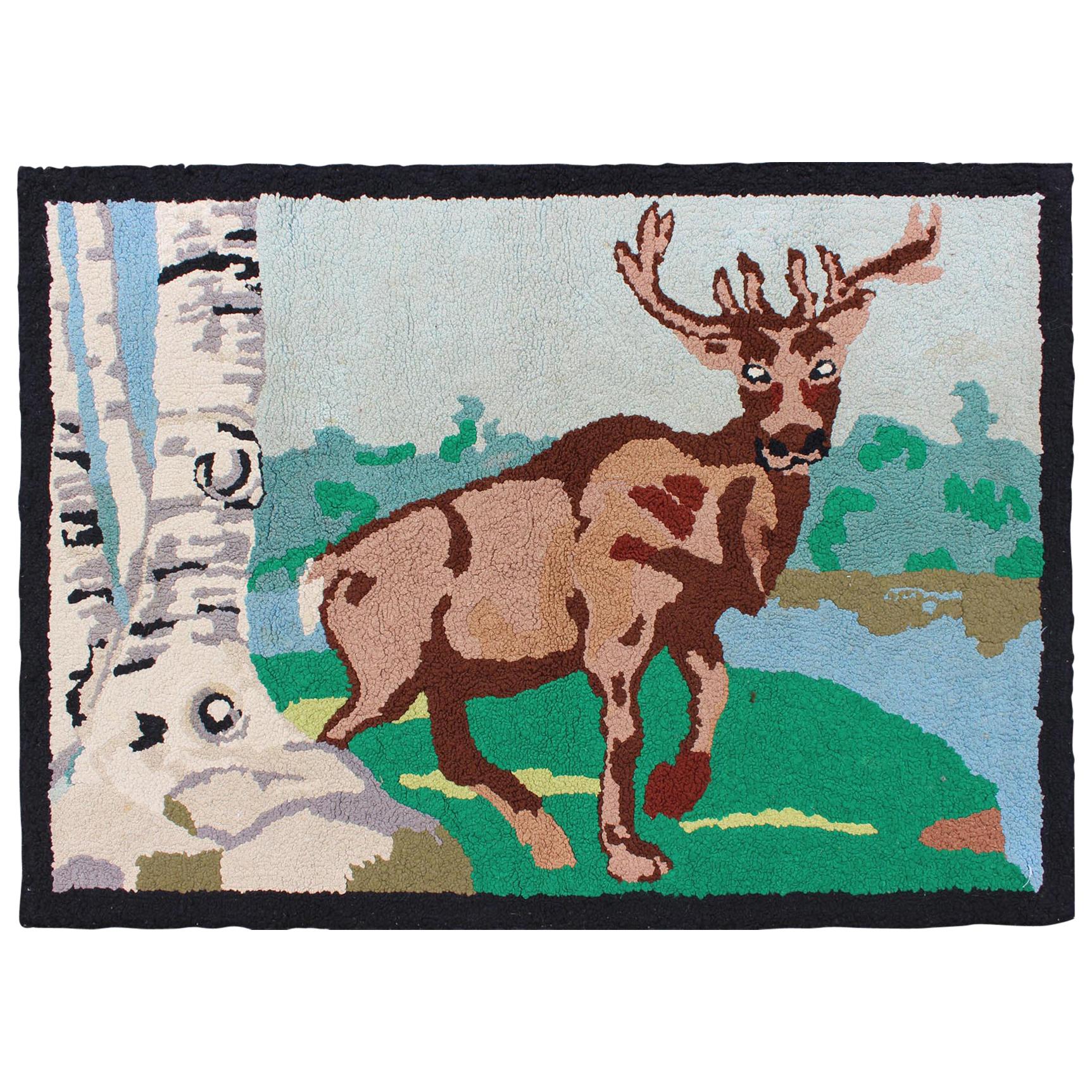 American Hooked Rug with a Bull Elk and Aspen Trees