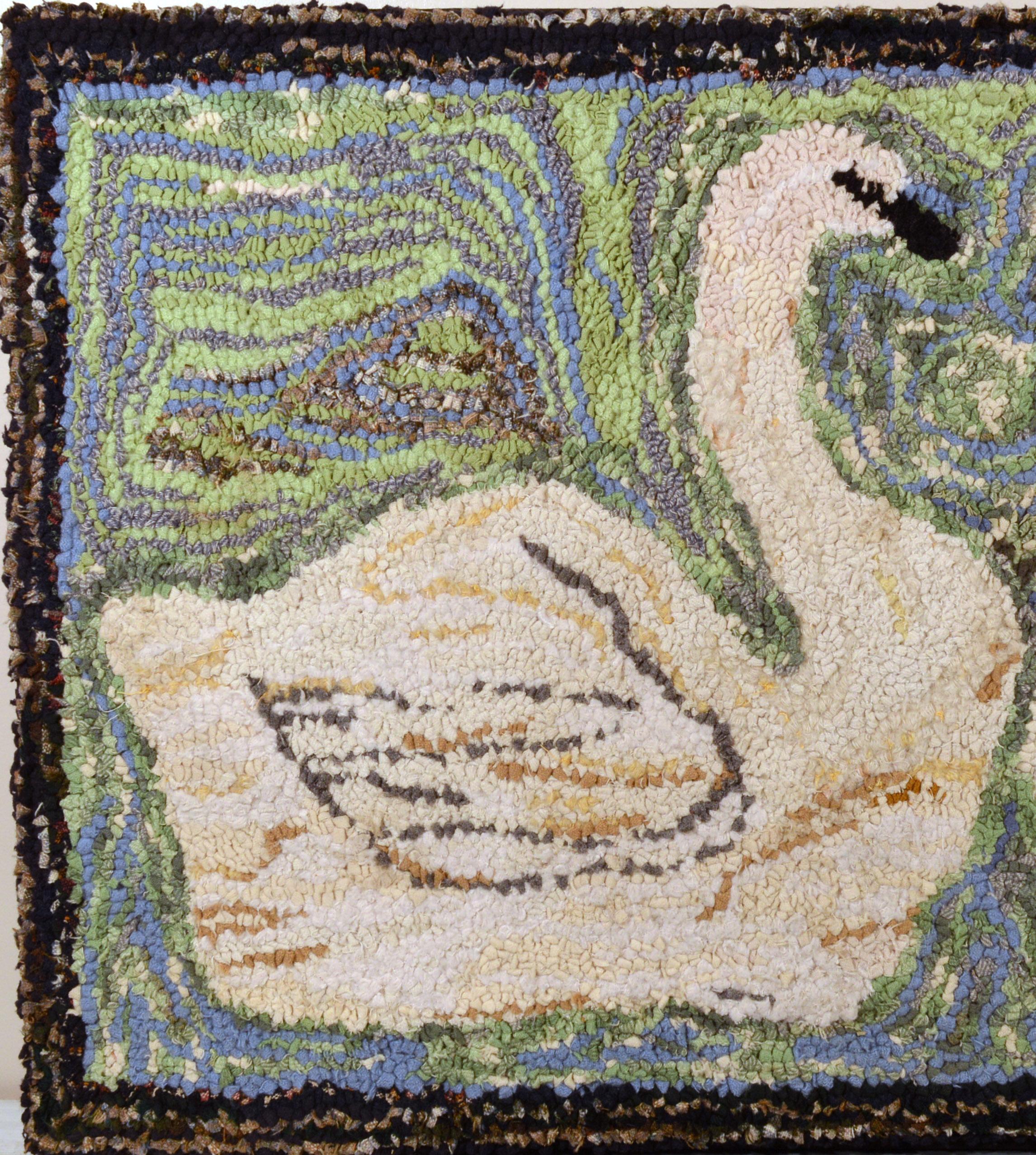 Folk Art American Hooked Rug with a Pair of Swans