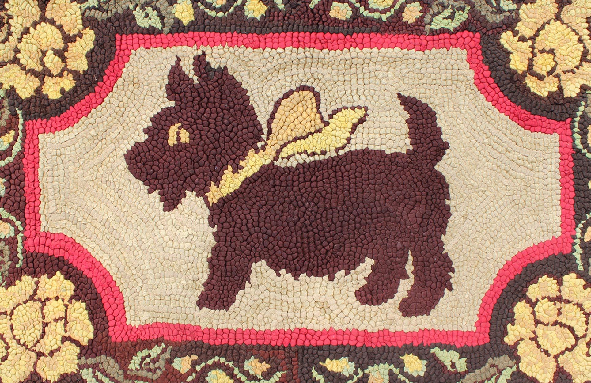 Hand-Woven American Hooked Rug with a Scottie Dog with a Ribbon Around It