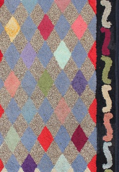 American Hooked Rug with Colorful All-Over Diamond Design with Charcoal Border