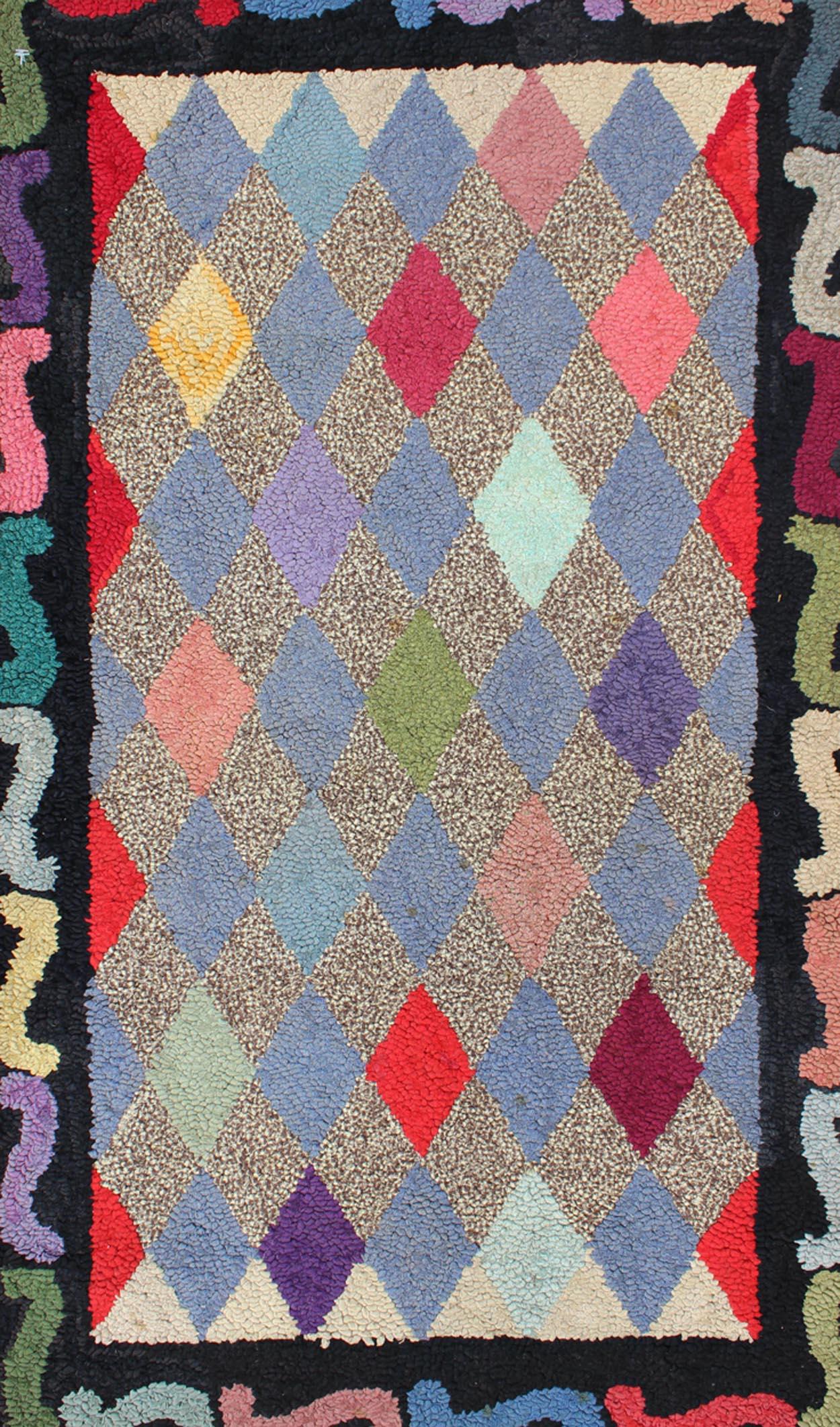 Hand-Woven American Hooked Rug with Colorful All-Over Diamond Design with Charcoal Border For Sale