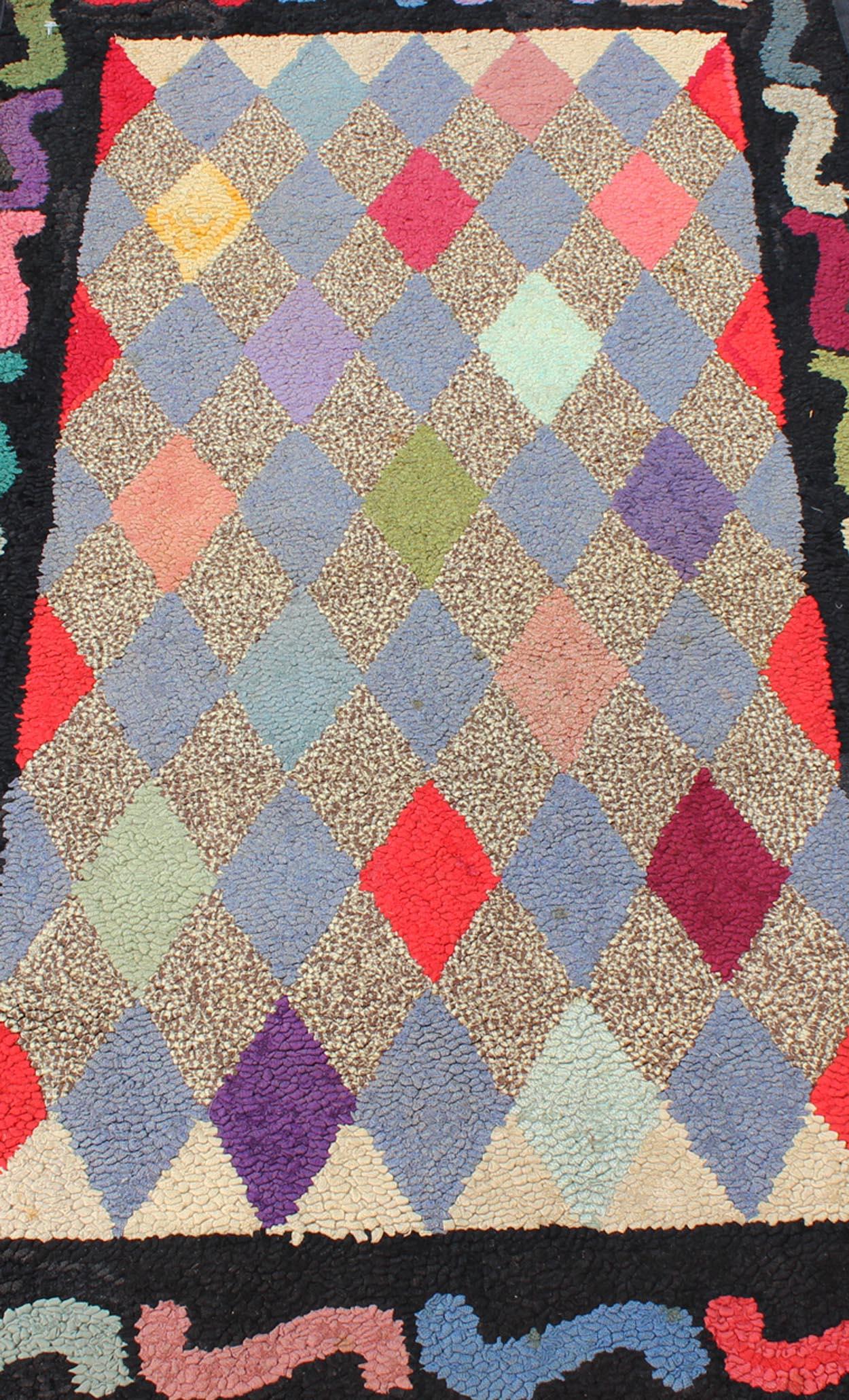 American Hooked Rug with Colorful All-Over Diamond Design with Charcoal Border In Good Condition For Sale In Atlanta, GA