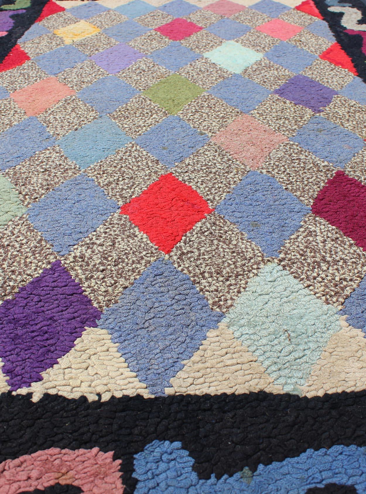 Wool American Hooked Rug with Colorful All-Over Diamond Design with Charcoal Border For Sale
