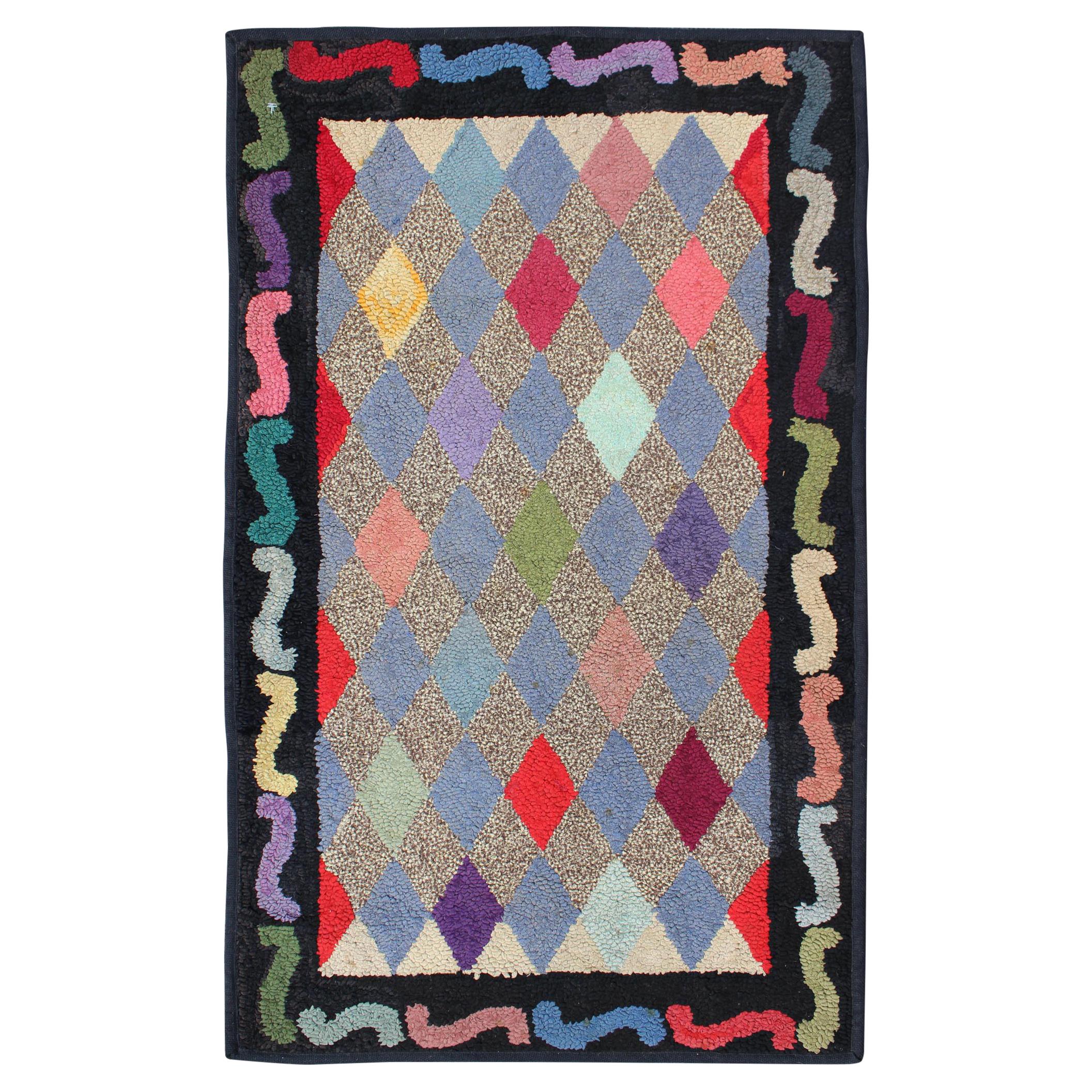 American Hooked Rug with Colorful All-Over Diamond Design with Charcoal Border For Sale