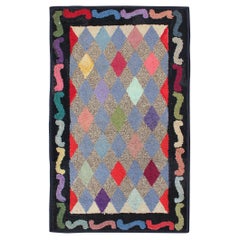 Vintage American Hooked Rug with Colorful All-Over Diamond Design with Charcoal Border