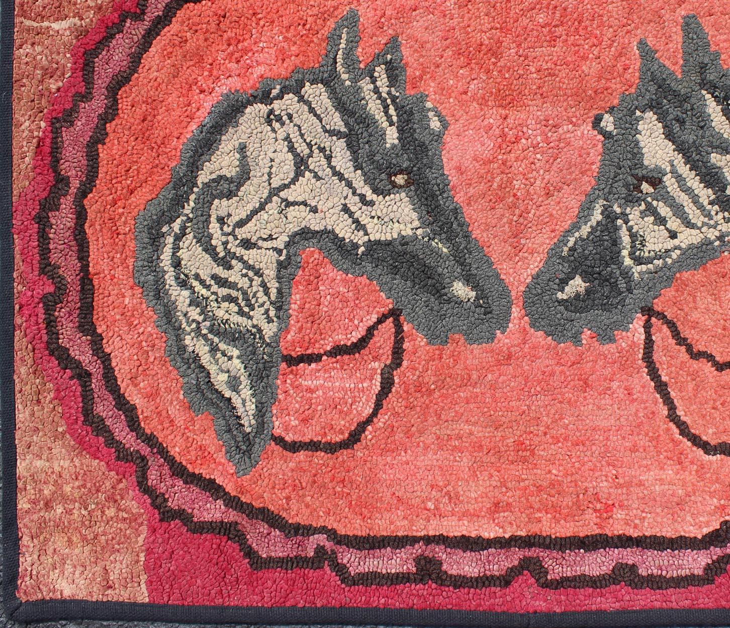 American Colonial American Hooked Rug with Double Horse Heads 