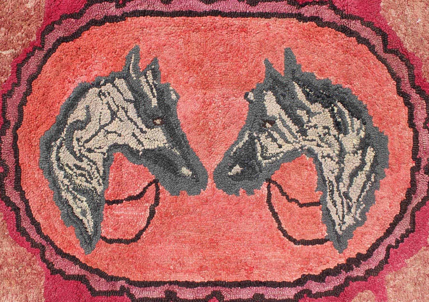 Hand-Woven American Hooked Rug with Double Horse Heads 