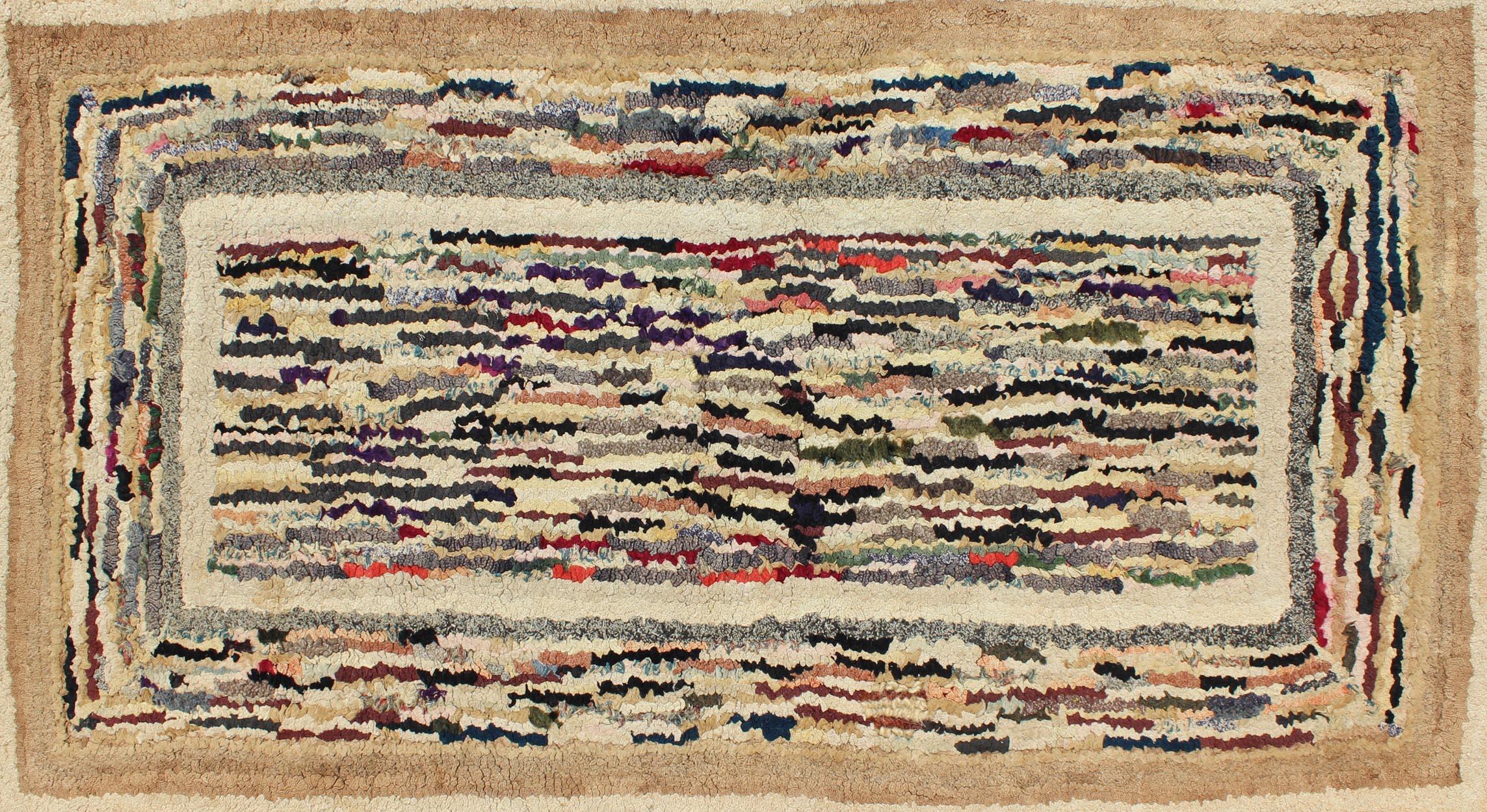 Hand-Woven American Hooked Rug with Variegated Design in Black, Brown and Taupe For Sale