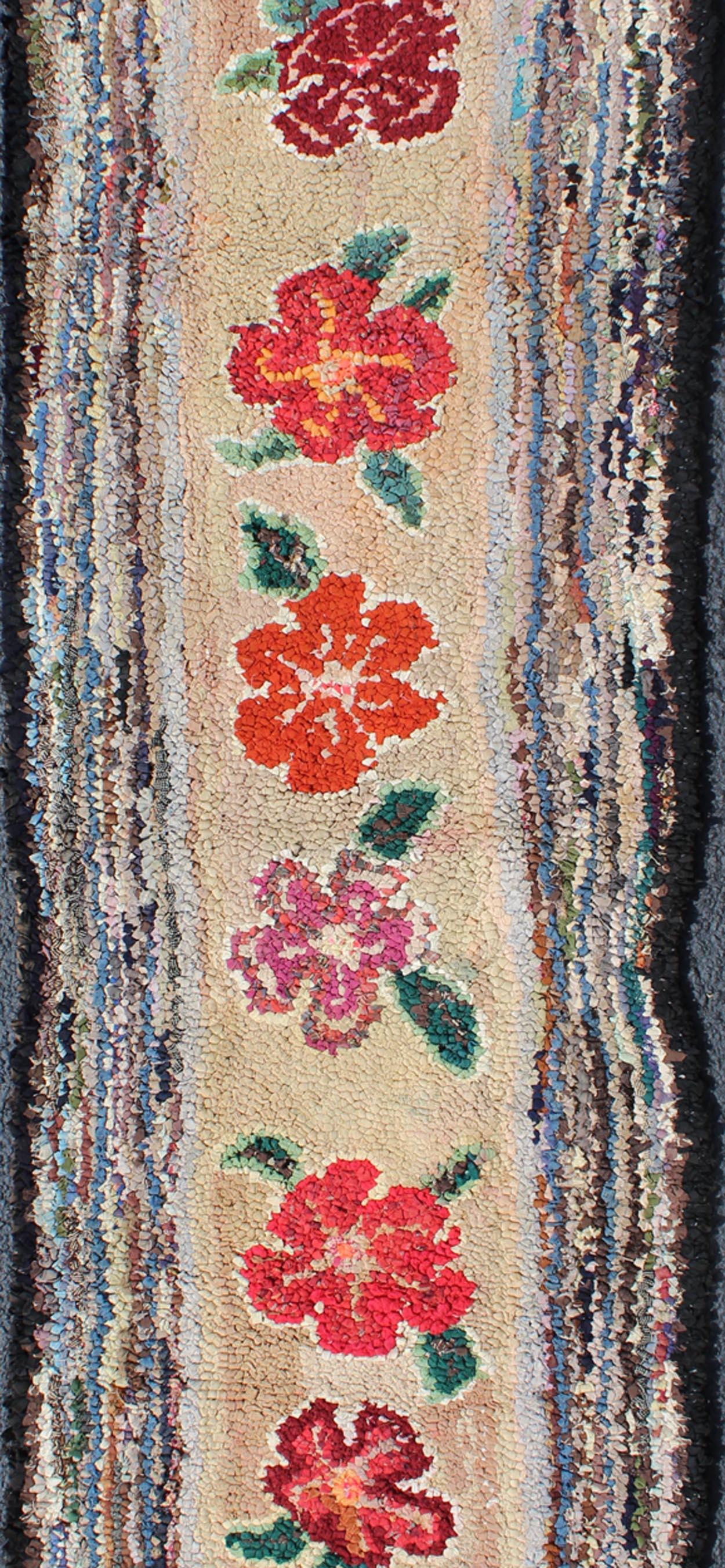 Hand-Woven American Hooked Runner with Colorful Vertical Floral Medallion Design For Sale