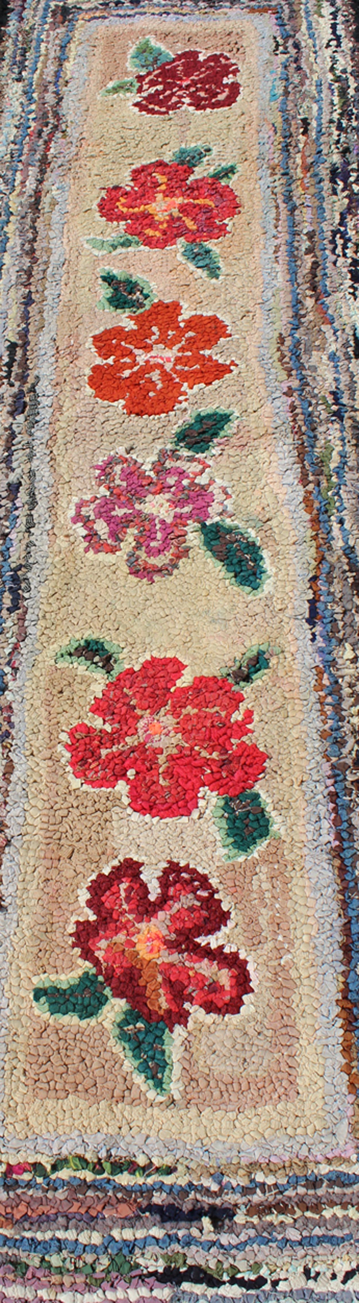 American Hooked Runner with Colorful Vertical Floral Medallion Design In Good Condition For Sale In Atlanta, GA