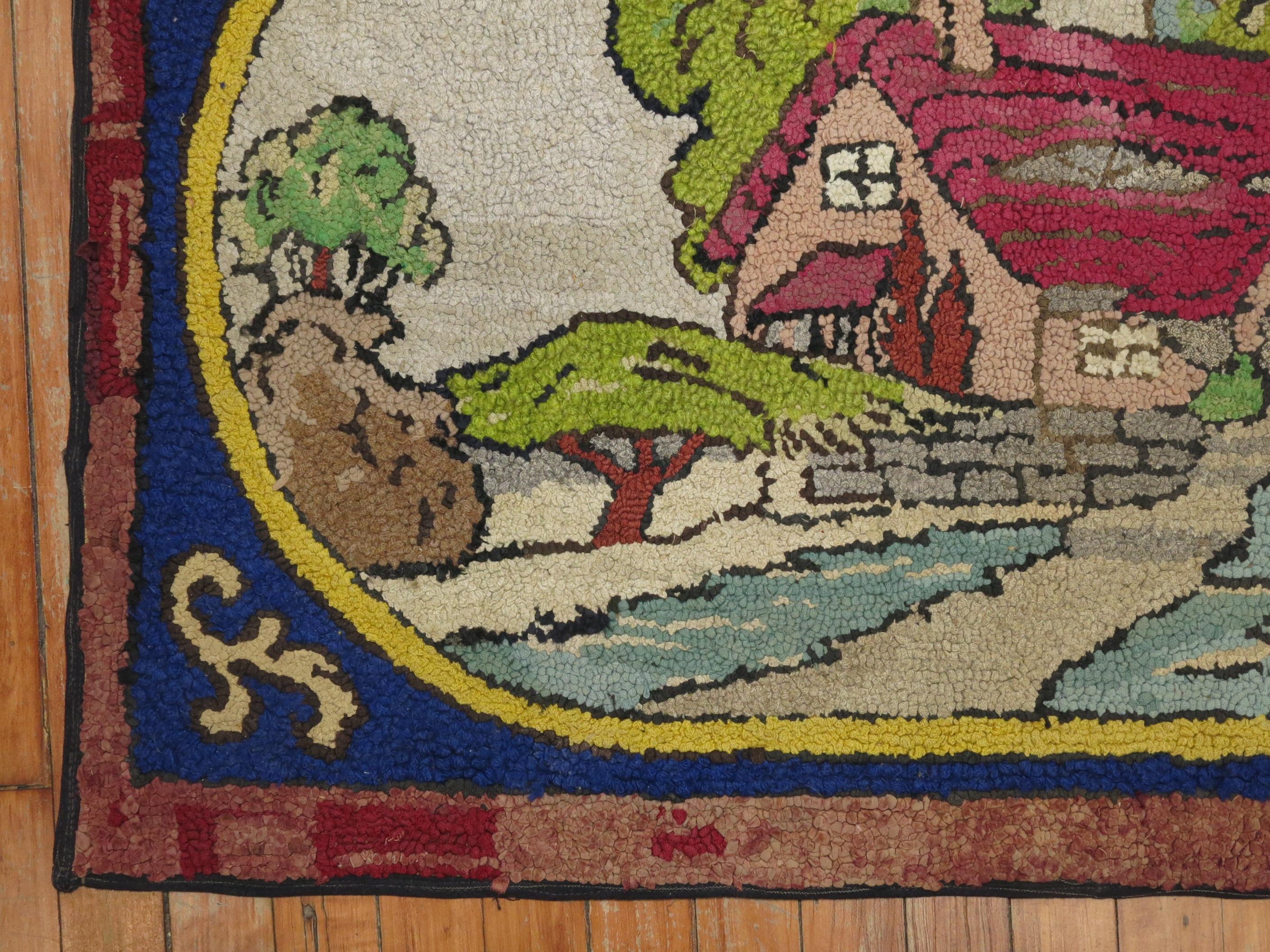A handmade decorative American hooked rug from the middle of the 20th century depicting a quiet little home on the prairie. Condition is really nice. No stains, no tears, has been professionally cleaned.