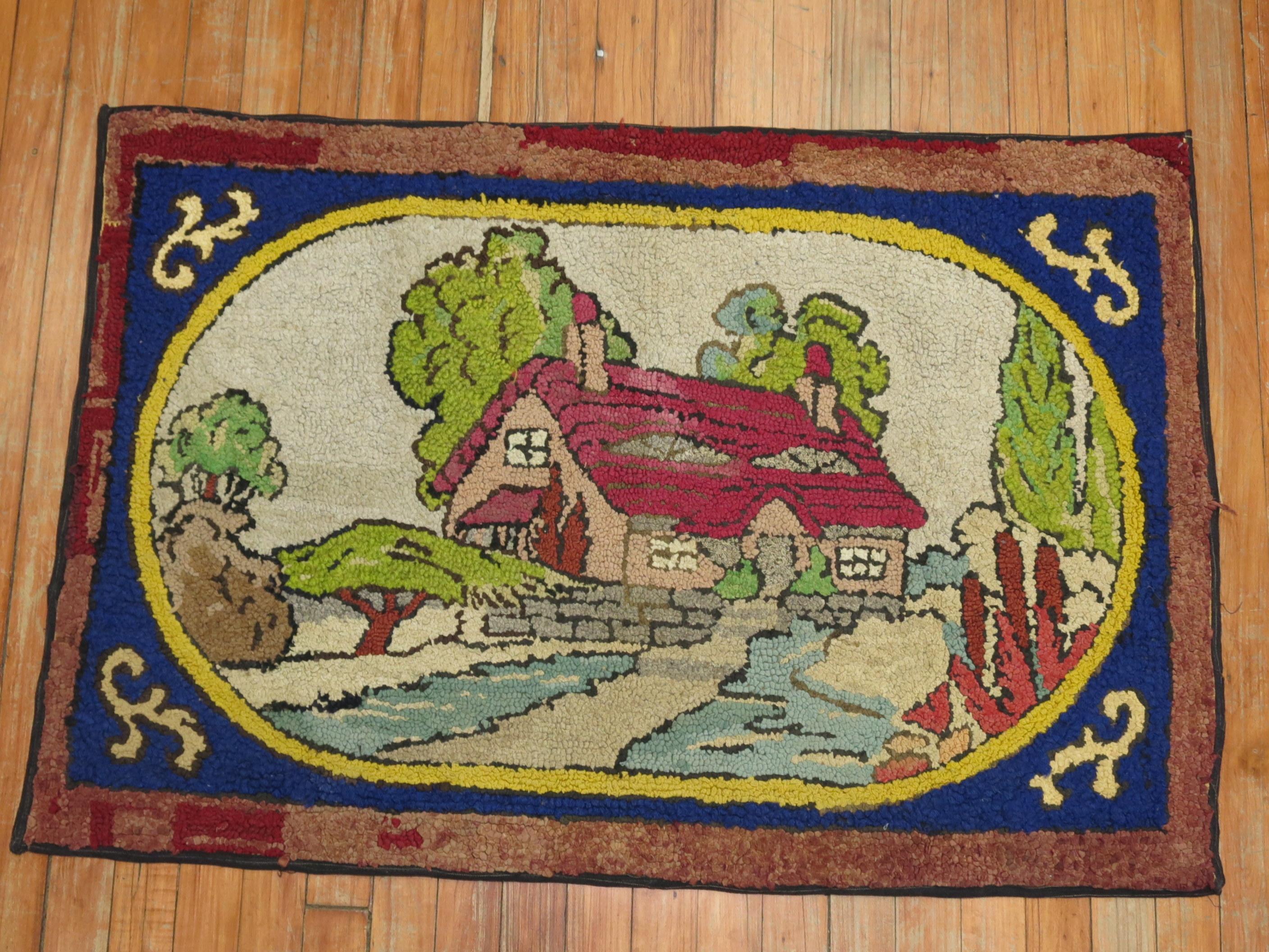 American Hooked Scenic Pictorial Rug In Excellent Condition For Sale In New York, NY