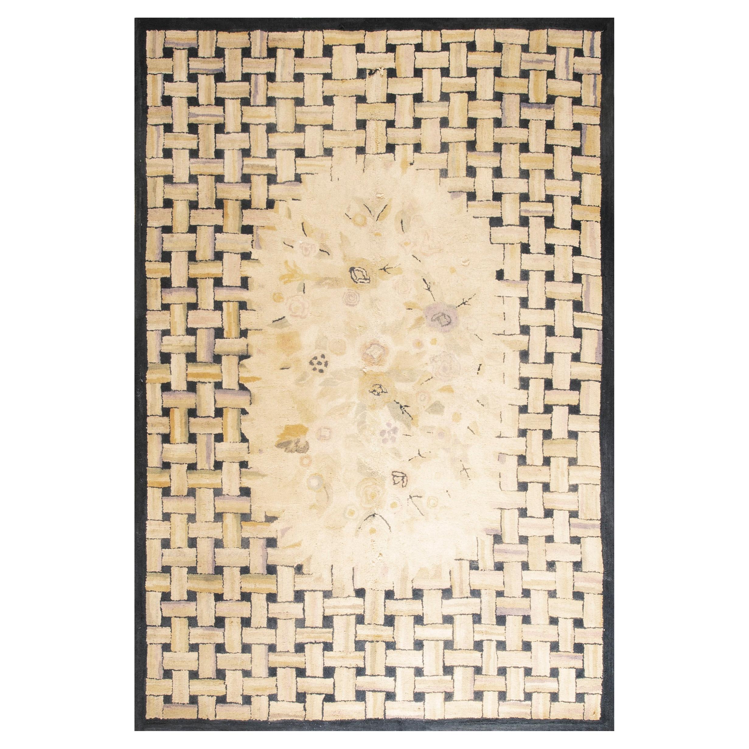 American Hooked Wool Allover Floral 1880s Antique Beige Folk Art Carpet Rug For Sale