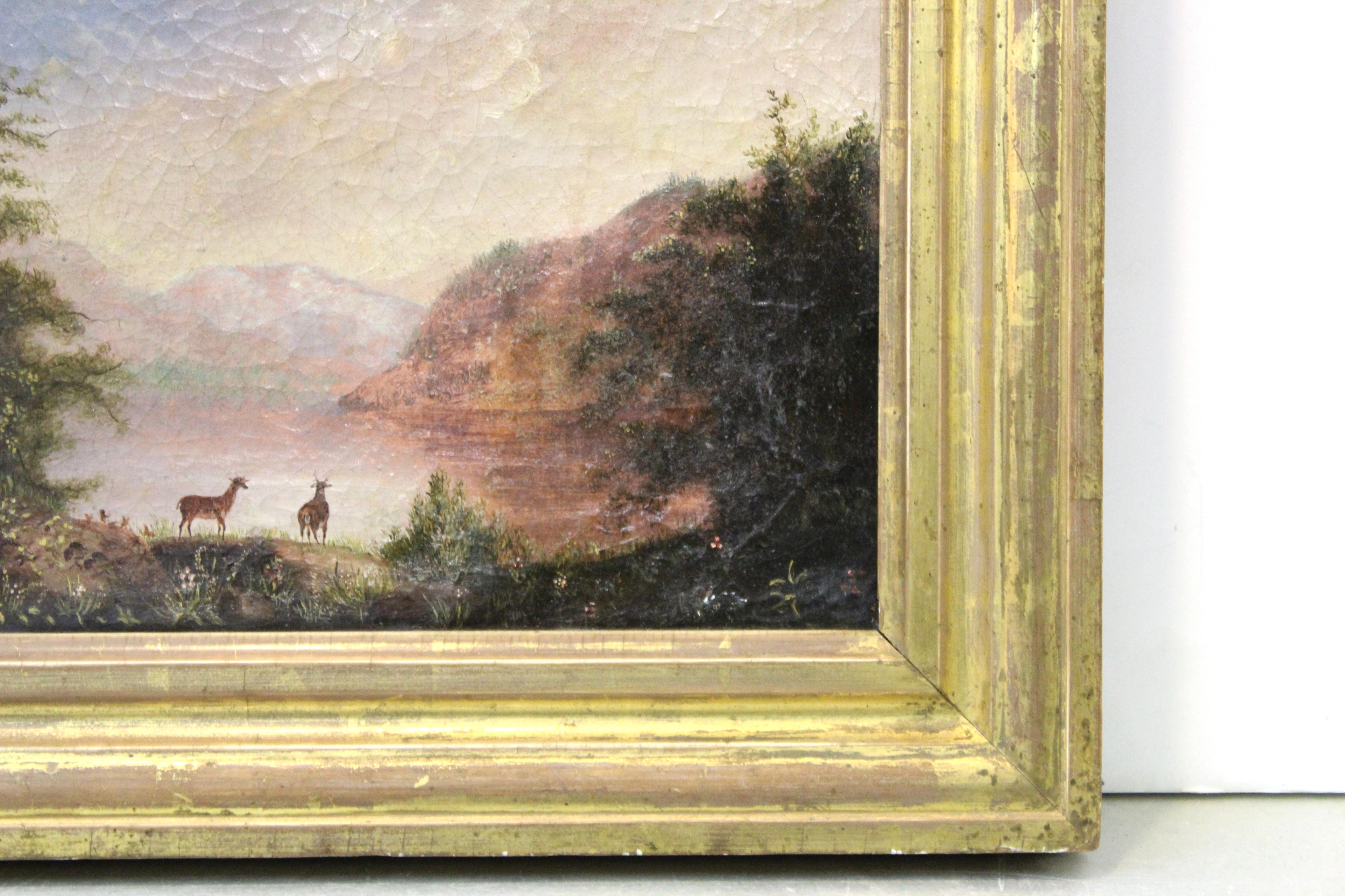 Victorian American Hudson River School Landscape with Deer Oil Painting