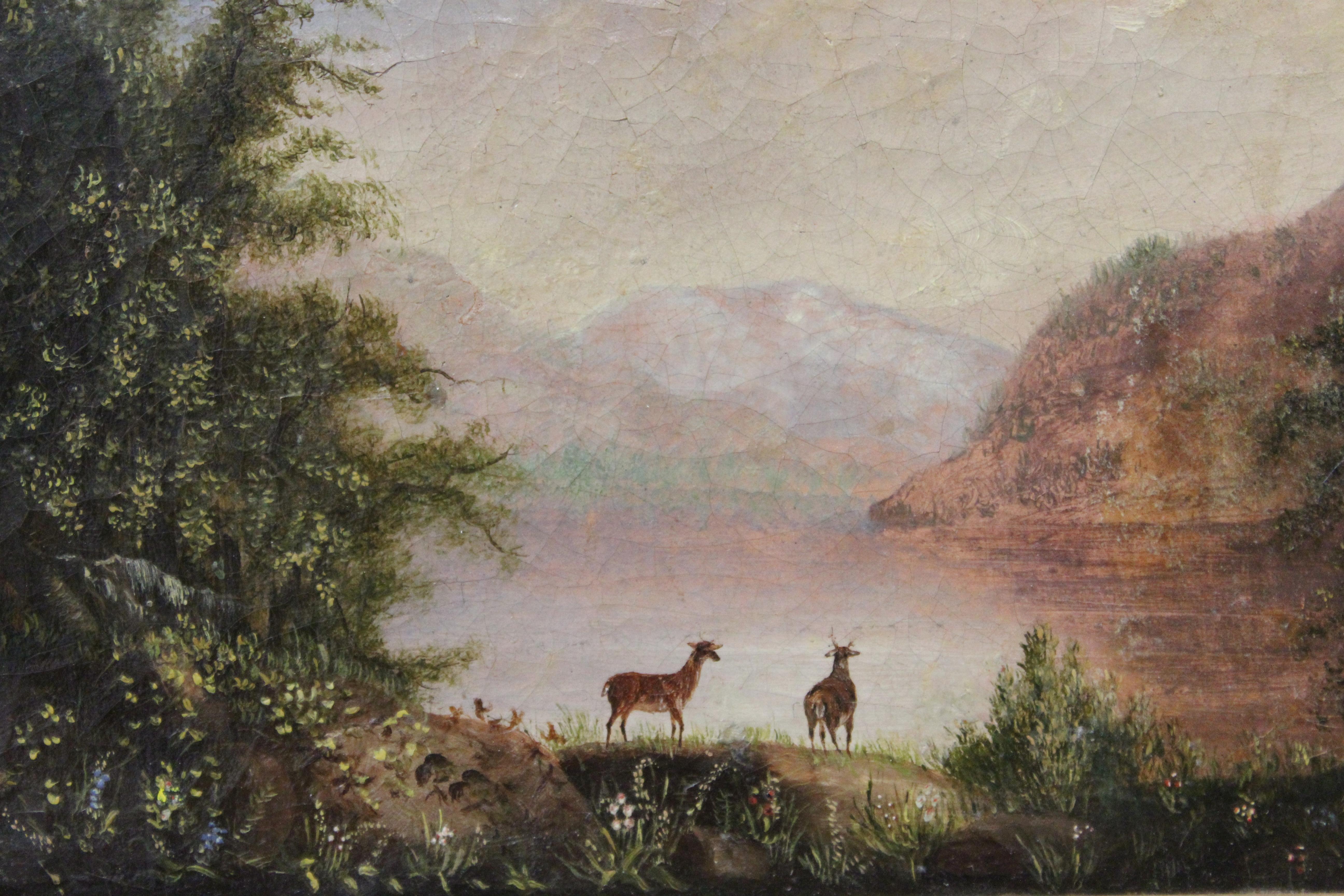 Hand-Painted American Hudson River School Landscape with Deer Oil Painting