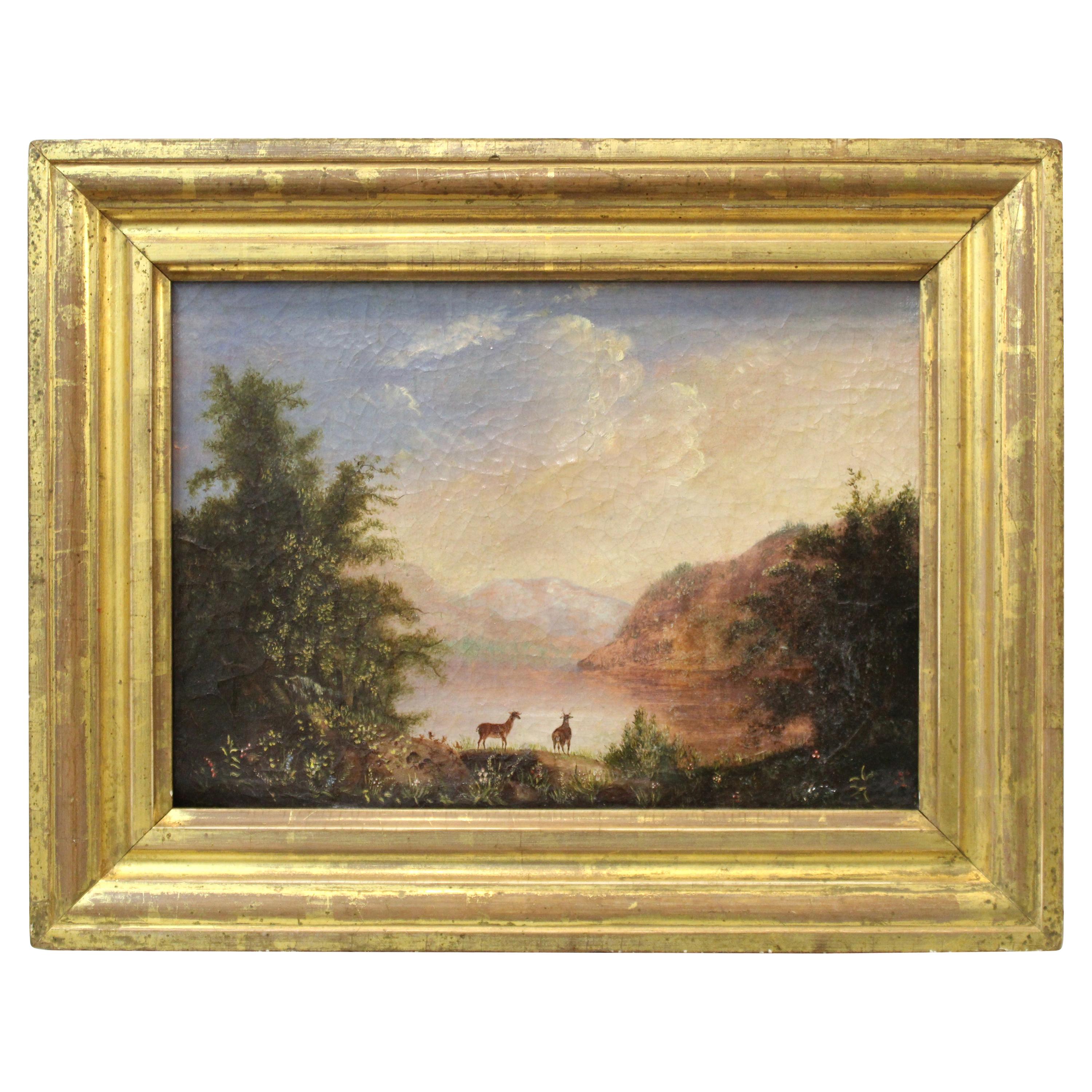 American Hudson River School Landscape with Deer Oil Painting