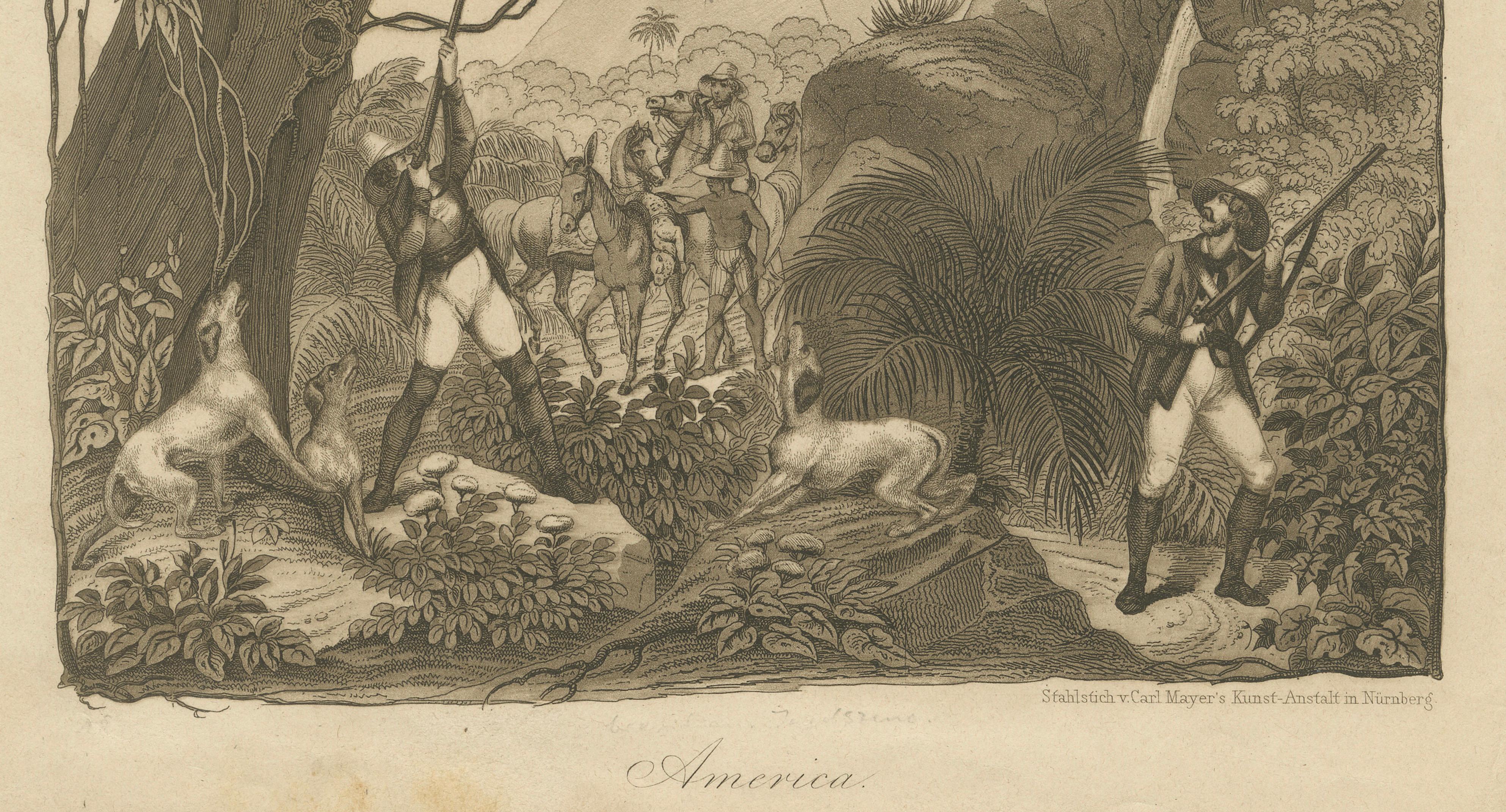 American Hunters and Wild Cats – Antique Mayer Engraving c.1840 In Good Condition For Sale In Langweer, NL