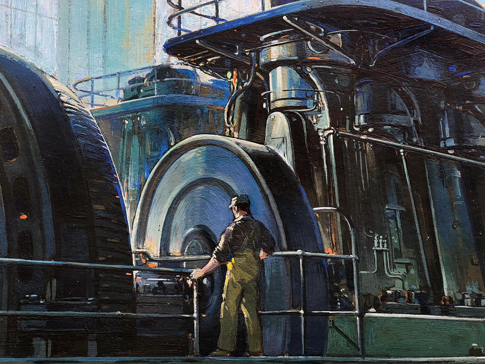 This  Golden Age of Illustration painting juxtaposes modern and ancient industrial practices.  Giant eclectic generators from the current time of the 1920s are compared with animal-propelled technology from  ancient Egypt.  