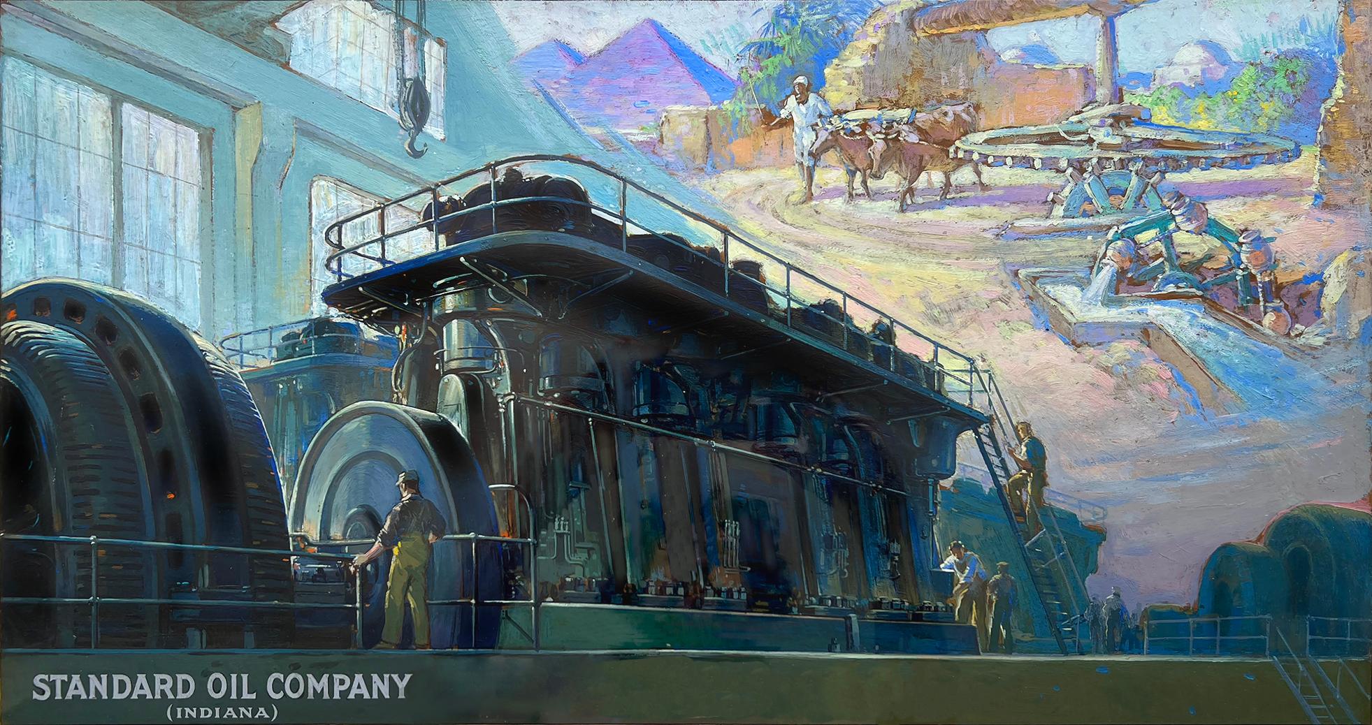 American illustrator c1930 Figurative Painting - Wheels of Industry Past and Present, Golden Age of Illustration - Standard Oil