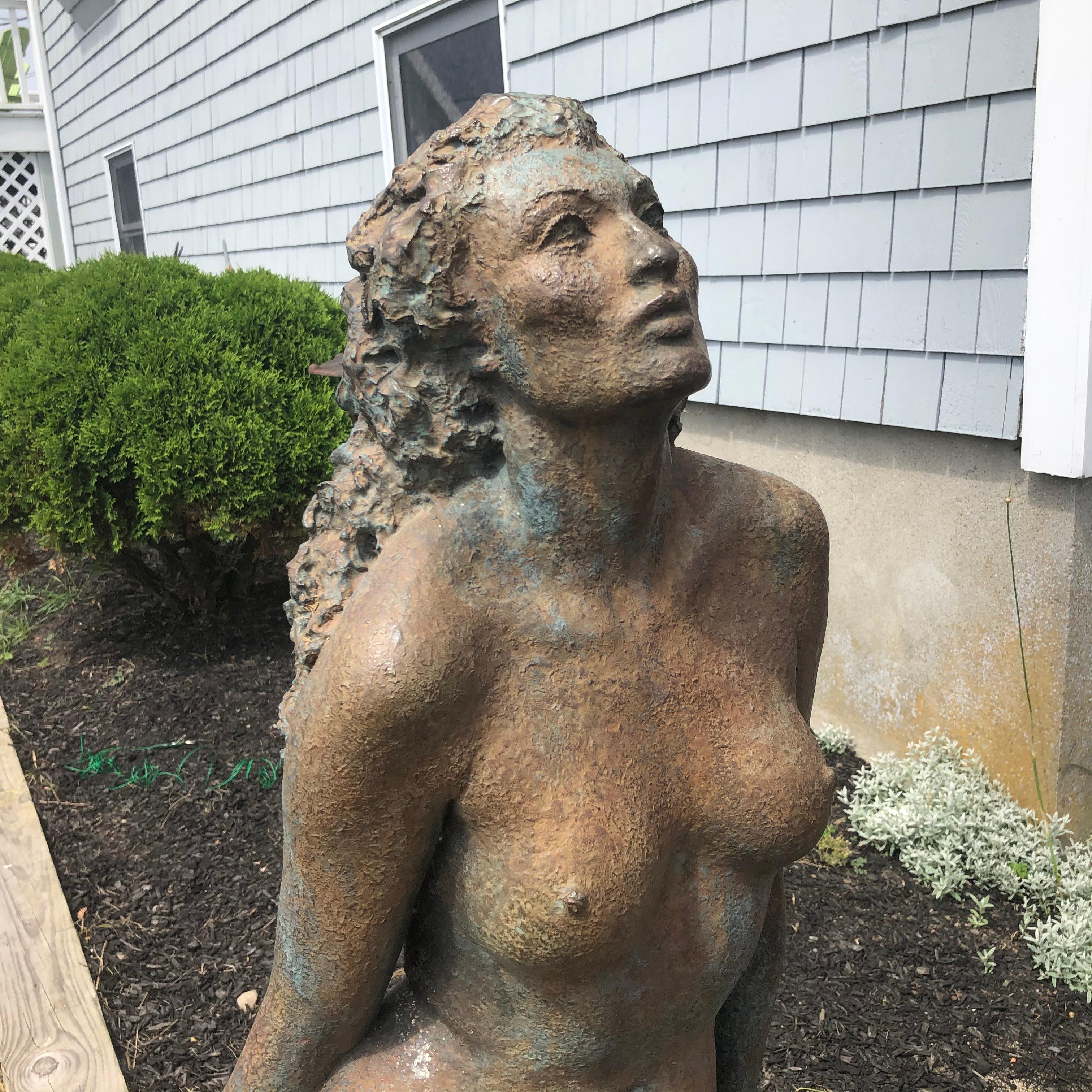 An important large scale hand cast bronze sculpture of a sensual nude woman signed Benson and dated 1939 by mid century American sculptor Stuart Benson (1877-1949). 

The bronze figure cast in an Art Deco manner with a Japanese inspired bronze plank