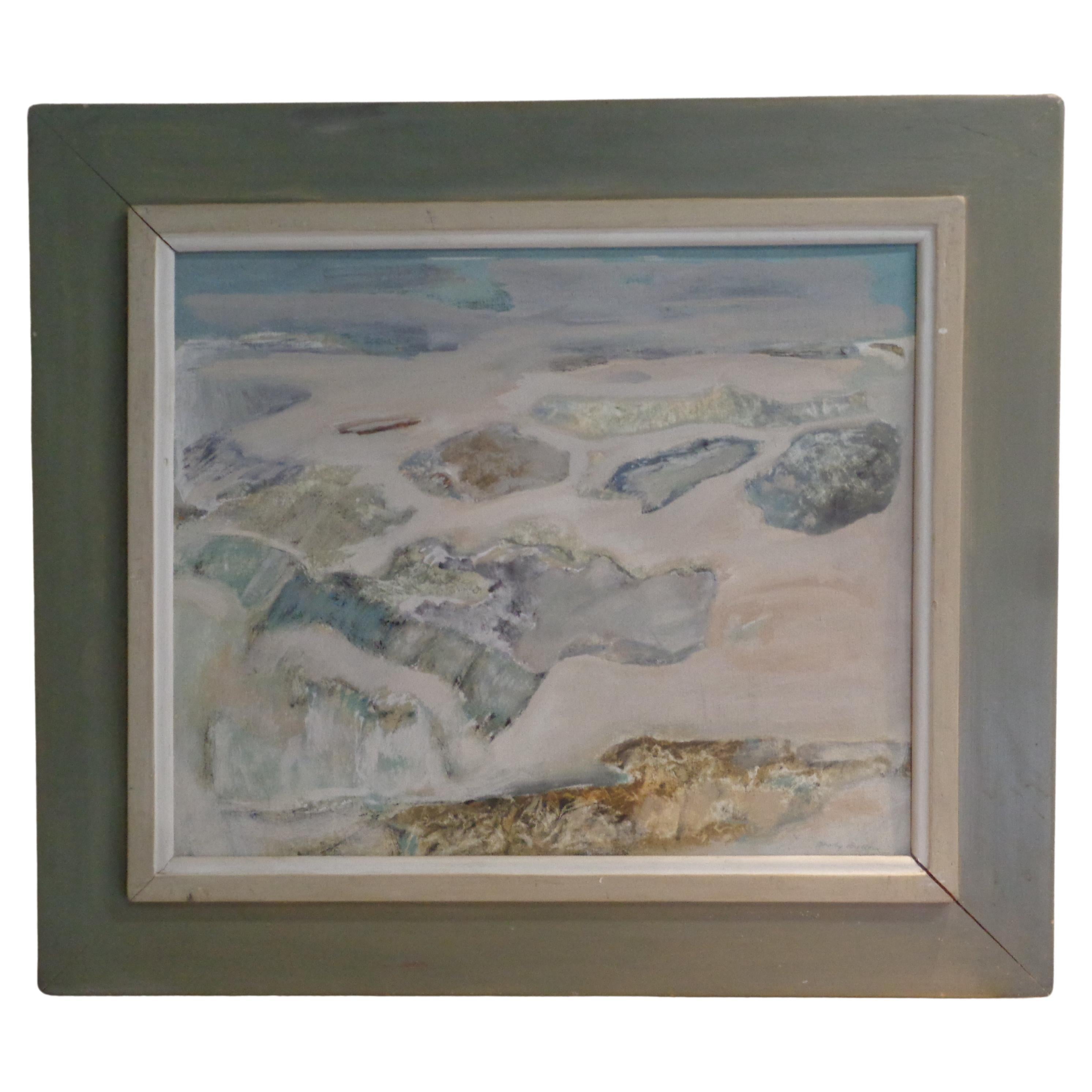 Pintura al óleo impresionista americana de una escena de playa oceánica sobre tabla de artista en un marco original muy bonito de madera pintada en azul suave, gris y blanco. Artista firmada Dorothy Bullock esquina inferior derecha. Etiqueta de