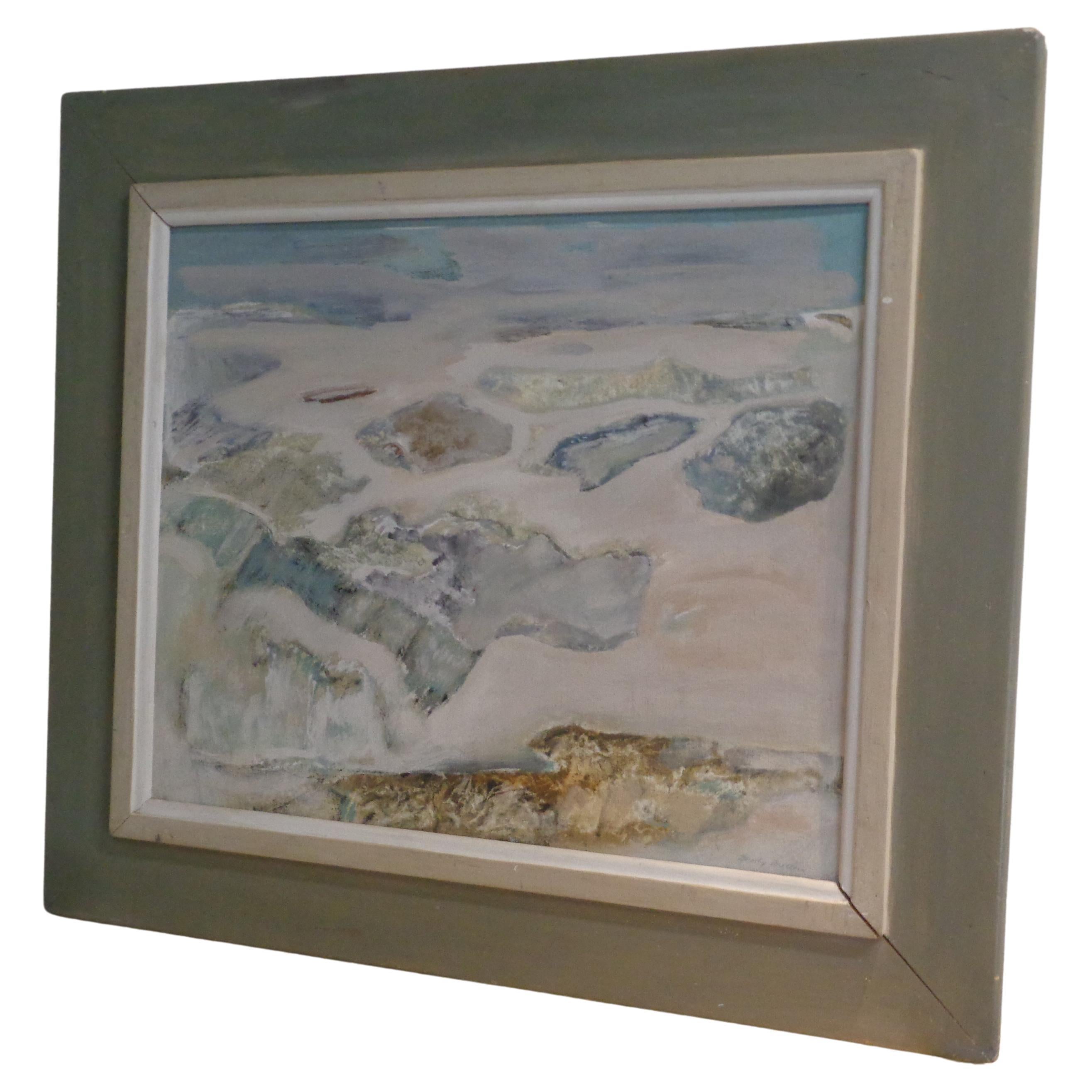 Pintura al óleo sobre tabla con marco original de una escena de playa impresionista americana Estadounidense en venta