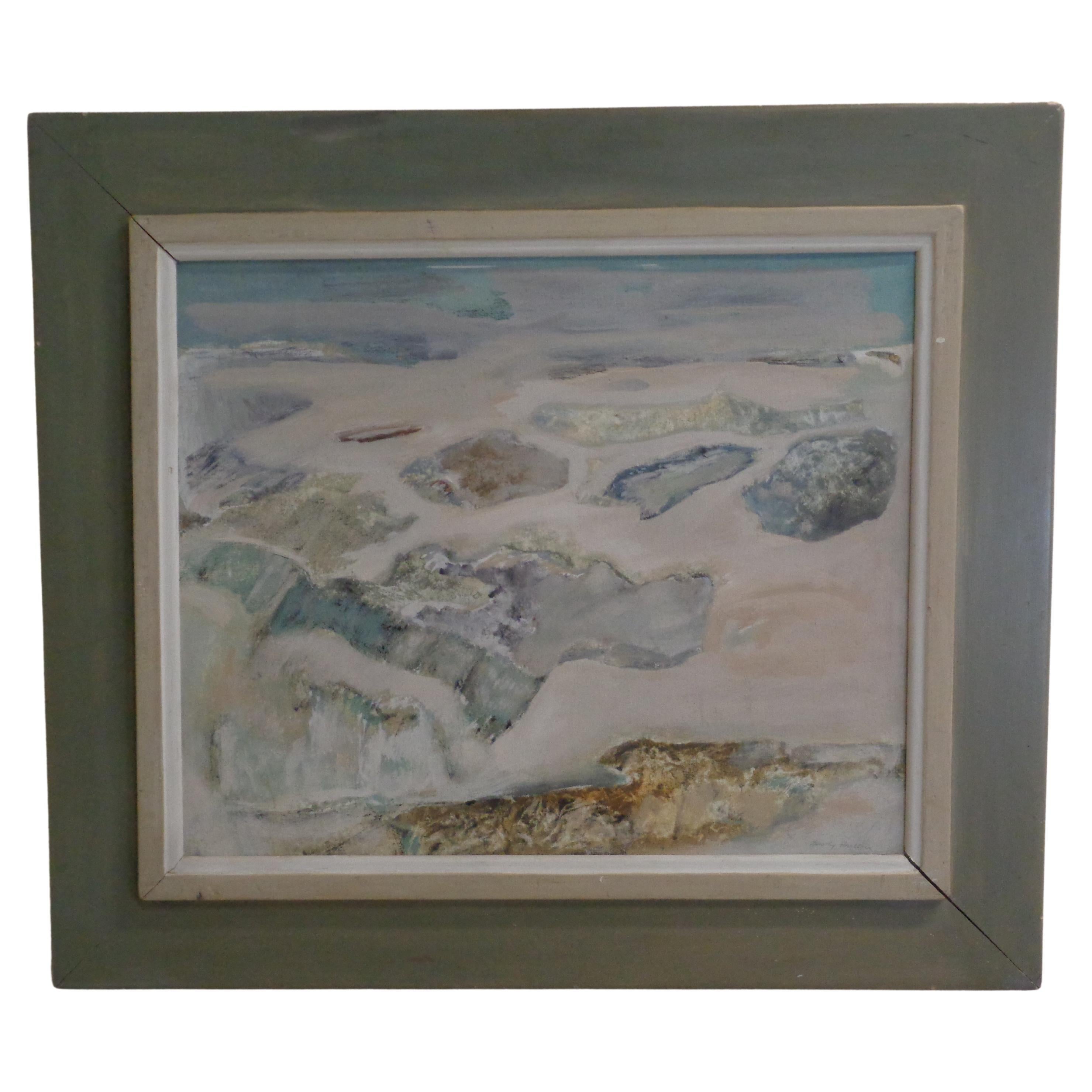 Pintura al óleo sobre tabla con marco original de una escena de playa impresionista americana Pintado a mano en venta