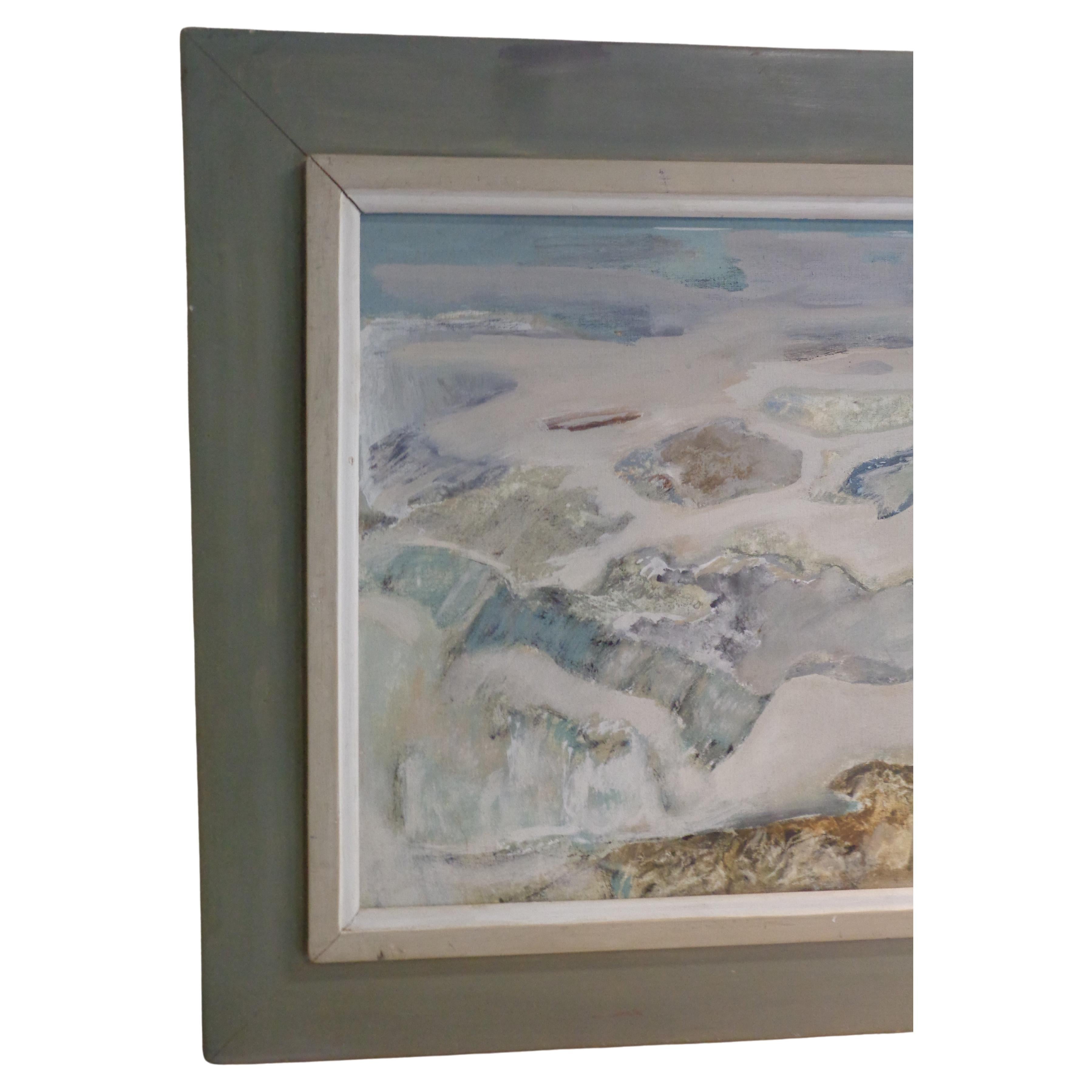 Pintura al óleo sobre tabla con marco original de una escena de playa impresionista americana en Bueno estado para la venta en Rochester, NY