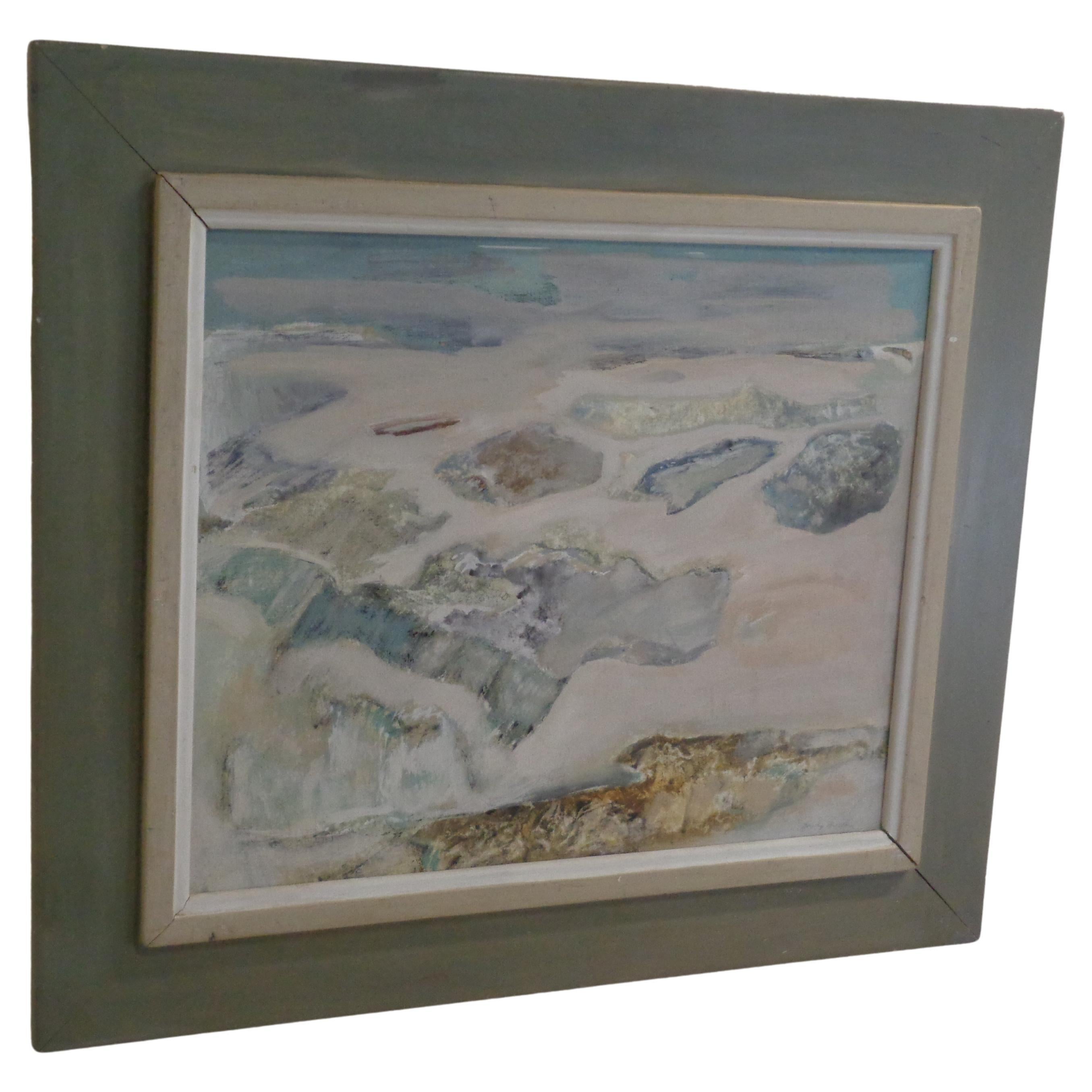 Pintura al óleo sobre tabla con marco original de una escena de playa impresionista americana finales del siglo XX en venta