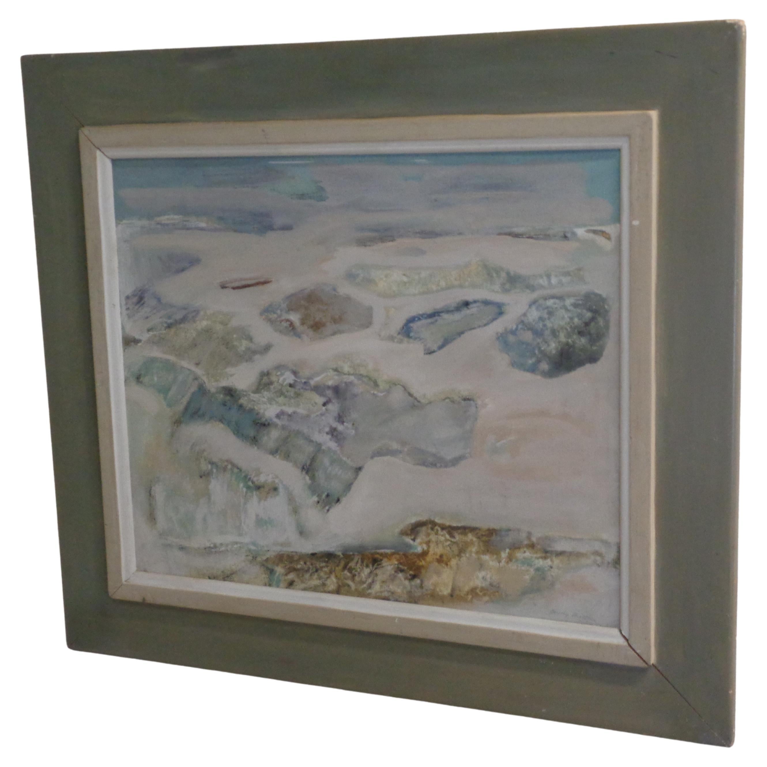 Pintura al óleo sobre tabla con marco original de una escena de playa impresionista americana Madera en venta