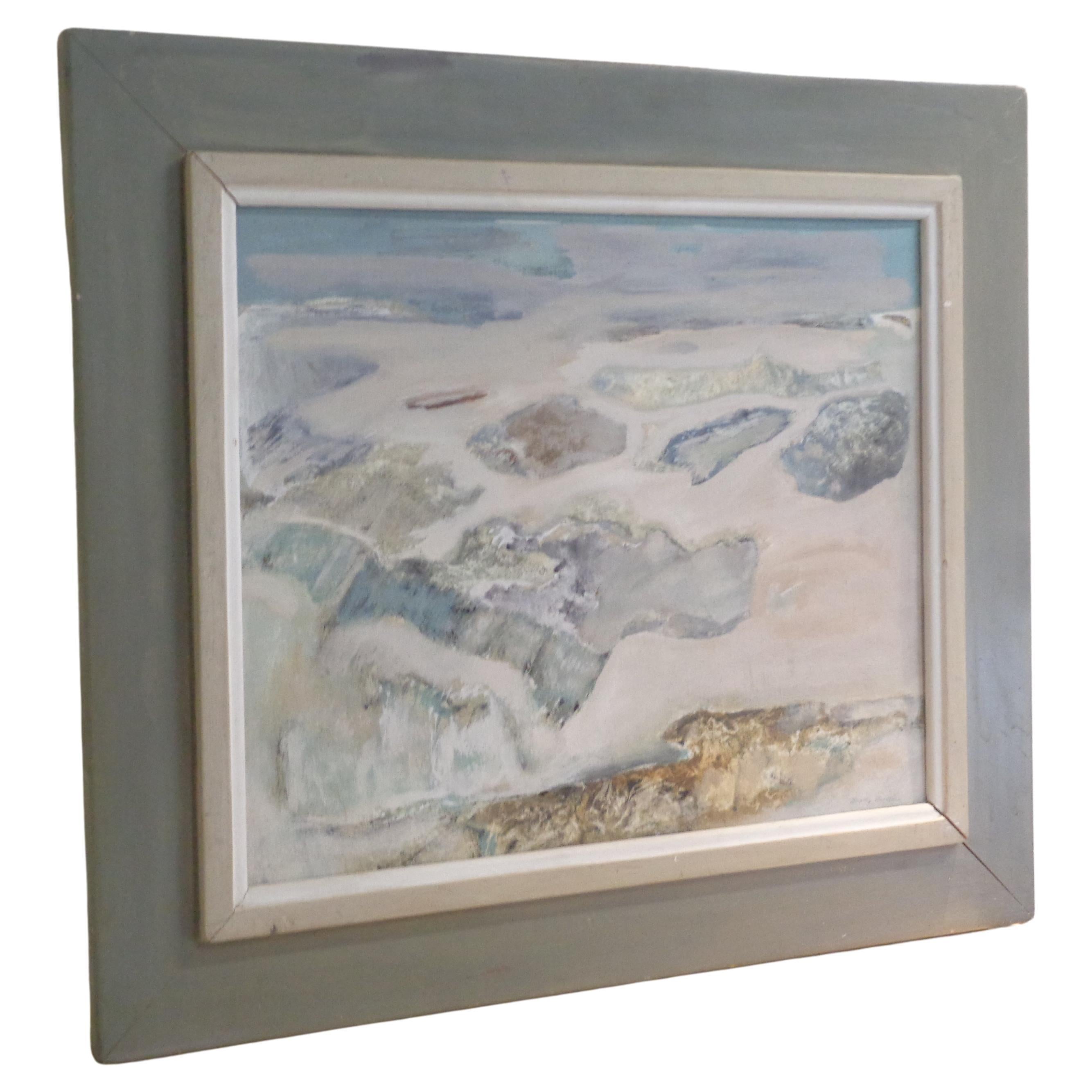 Pintura al óleo sobre tabla con marco original de una escena de playa impresionista americana en venta