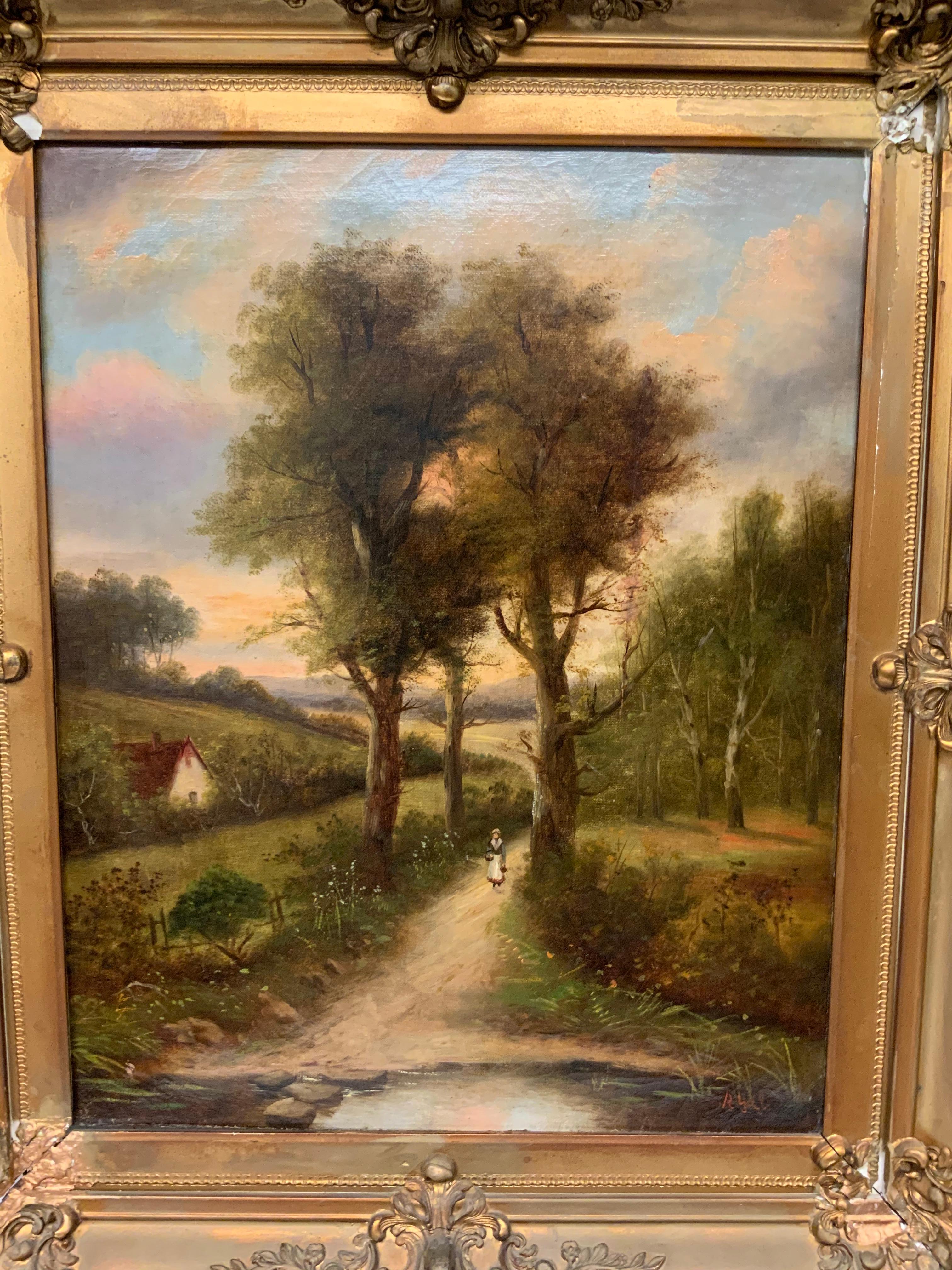 This is an oil painting that illustrates a peasant female in a countryside path walking down toward a lake at the sunset. Two large trees define the path. There is a small house at the right side of her and green bushes all around. A gilt plaster