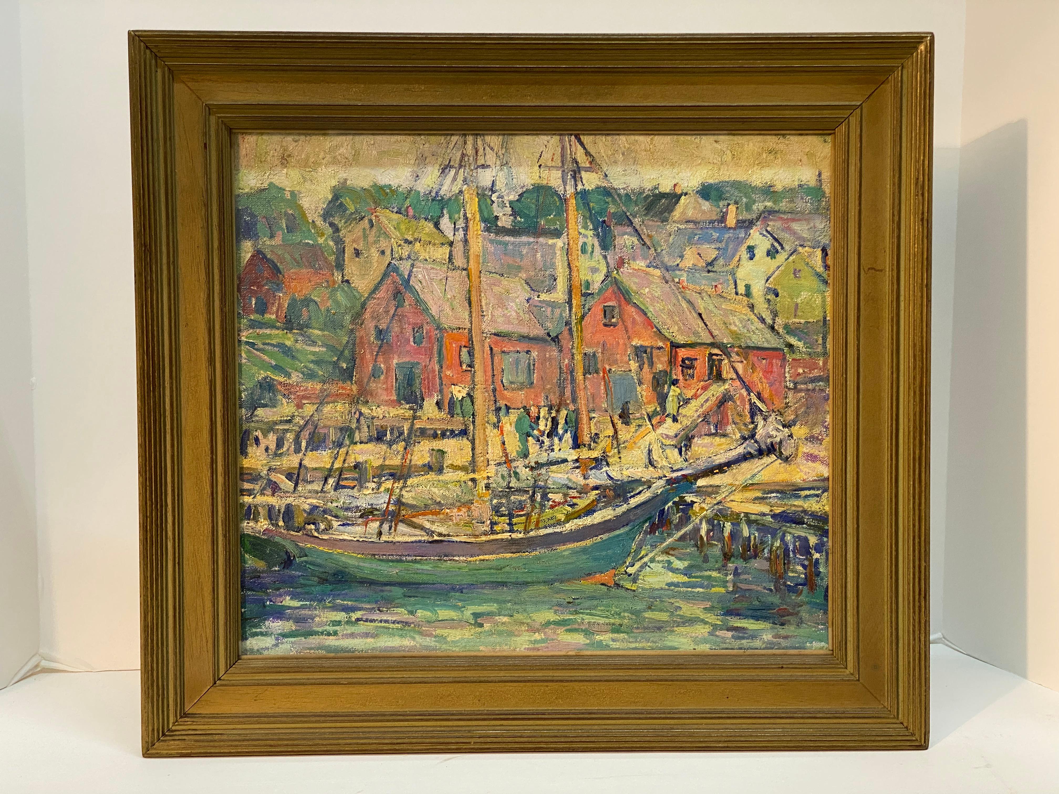 American Impressionist  Kathryn E Bard Cherry Gloucester Wharf Oil Painting  For Sale 4