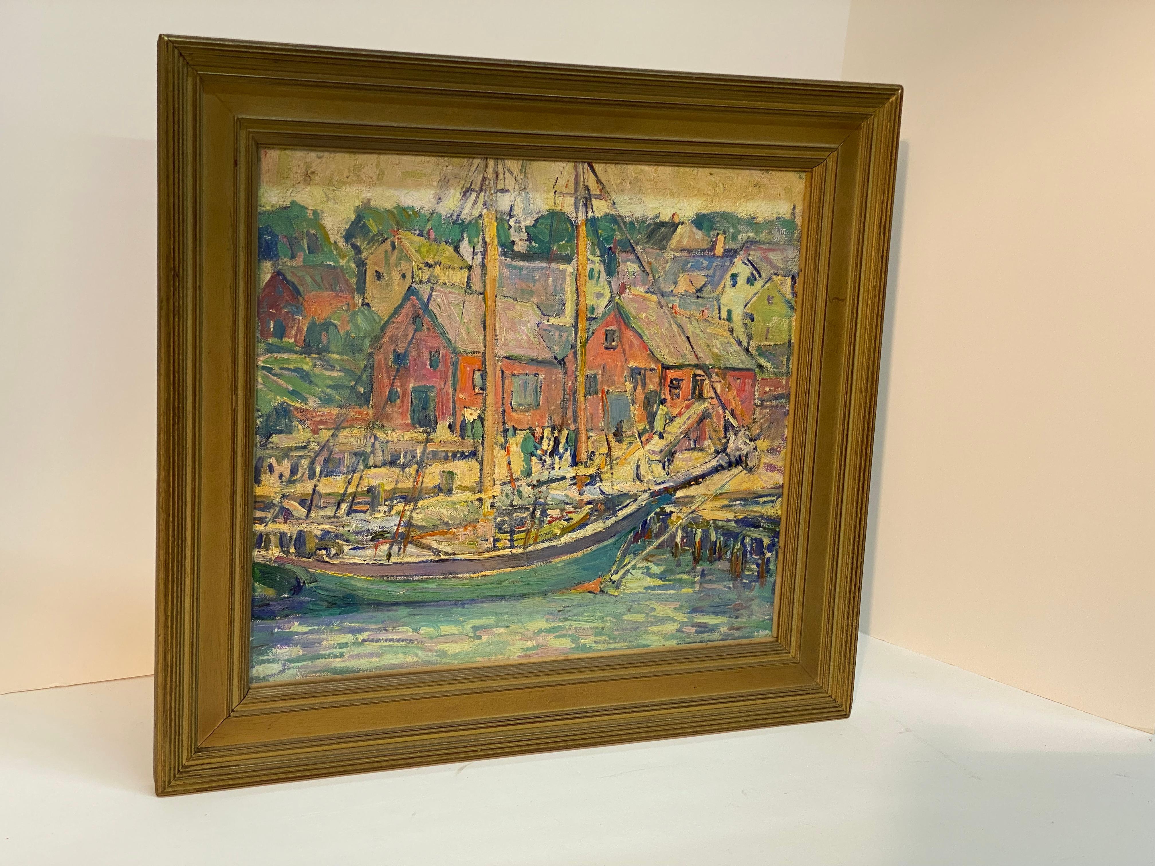 Katherine E Bard Cherry (1860-1931) Ölgemälde auf Leinwand aus der Zeit des amerikanischen Impressionismus und des Kunsthandwerks. Leinwand auf Karton montiert. Auf der Rückseite befindet sich das originale Ausstellungsschild der Saint Louis Art