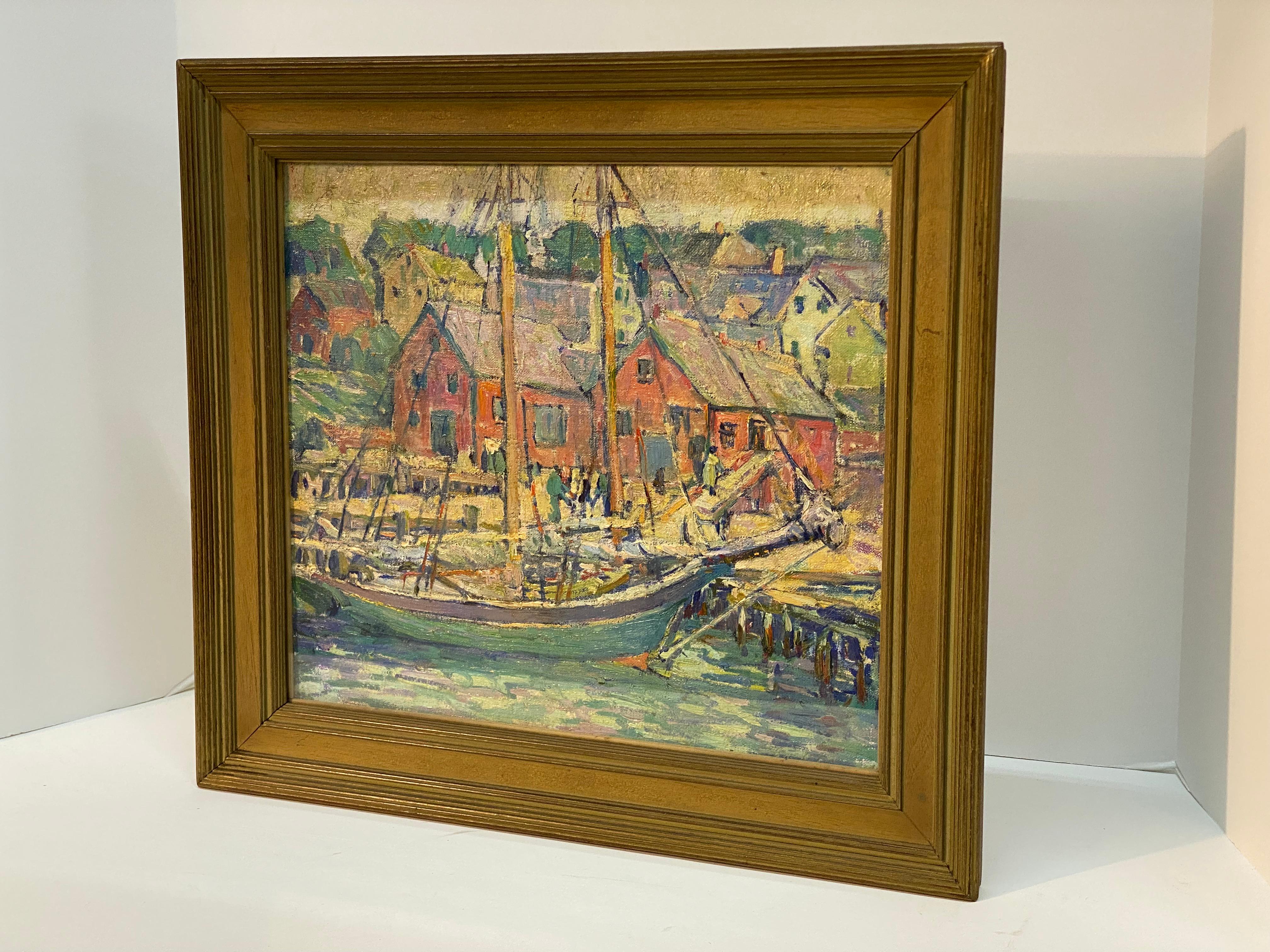 Arts and Crafts Impressionnisme américain  Kathryn E Bard Cherry Gloucester Wharf peinture à l'huile  en vente