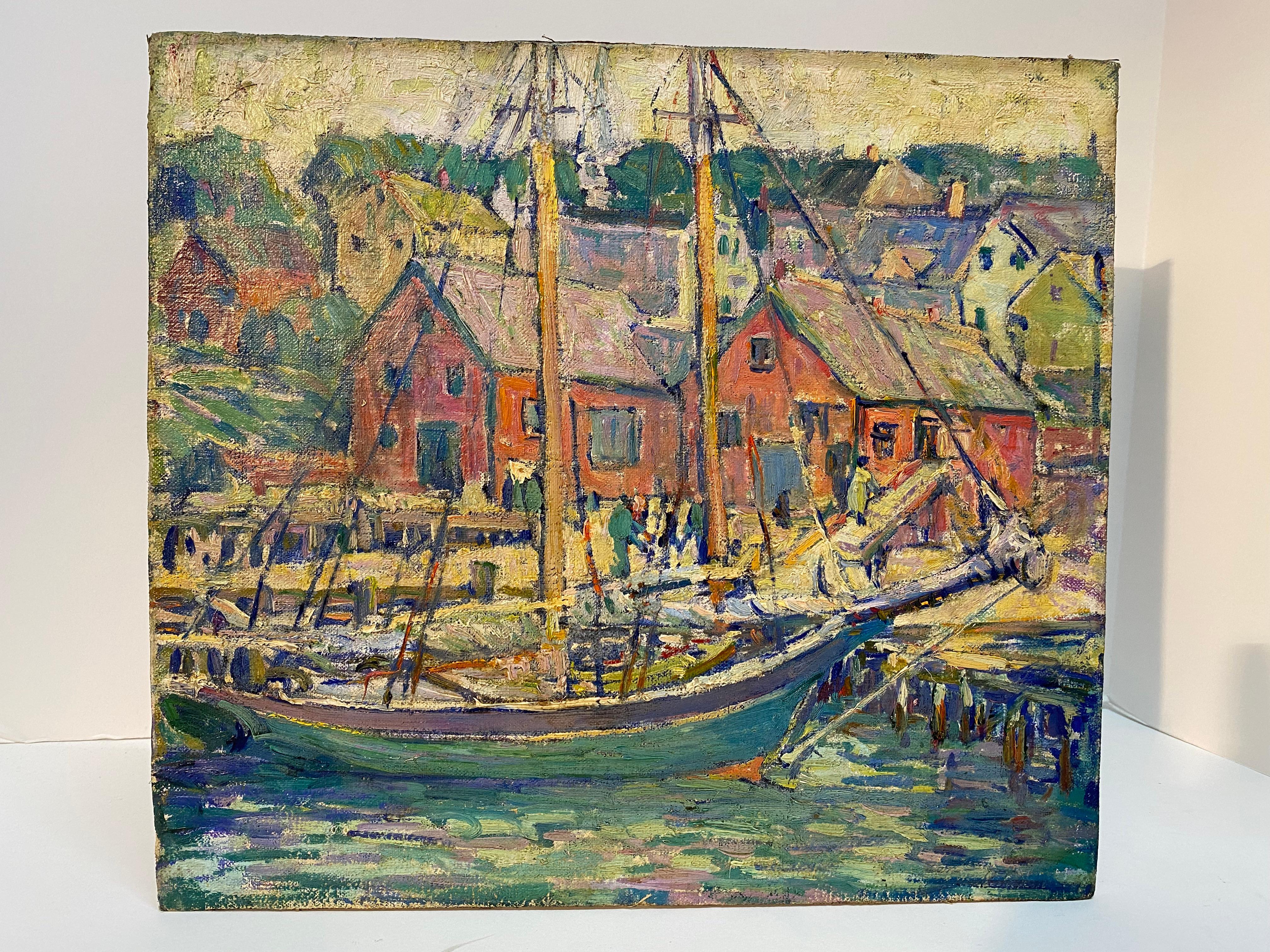 Arts and Crafts American Impressionist  Kathryn E Bard Cherry Gloucester Wharf Oil Painting  For Sale