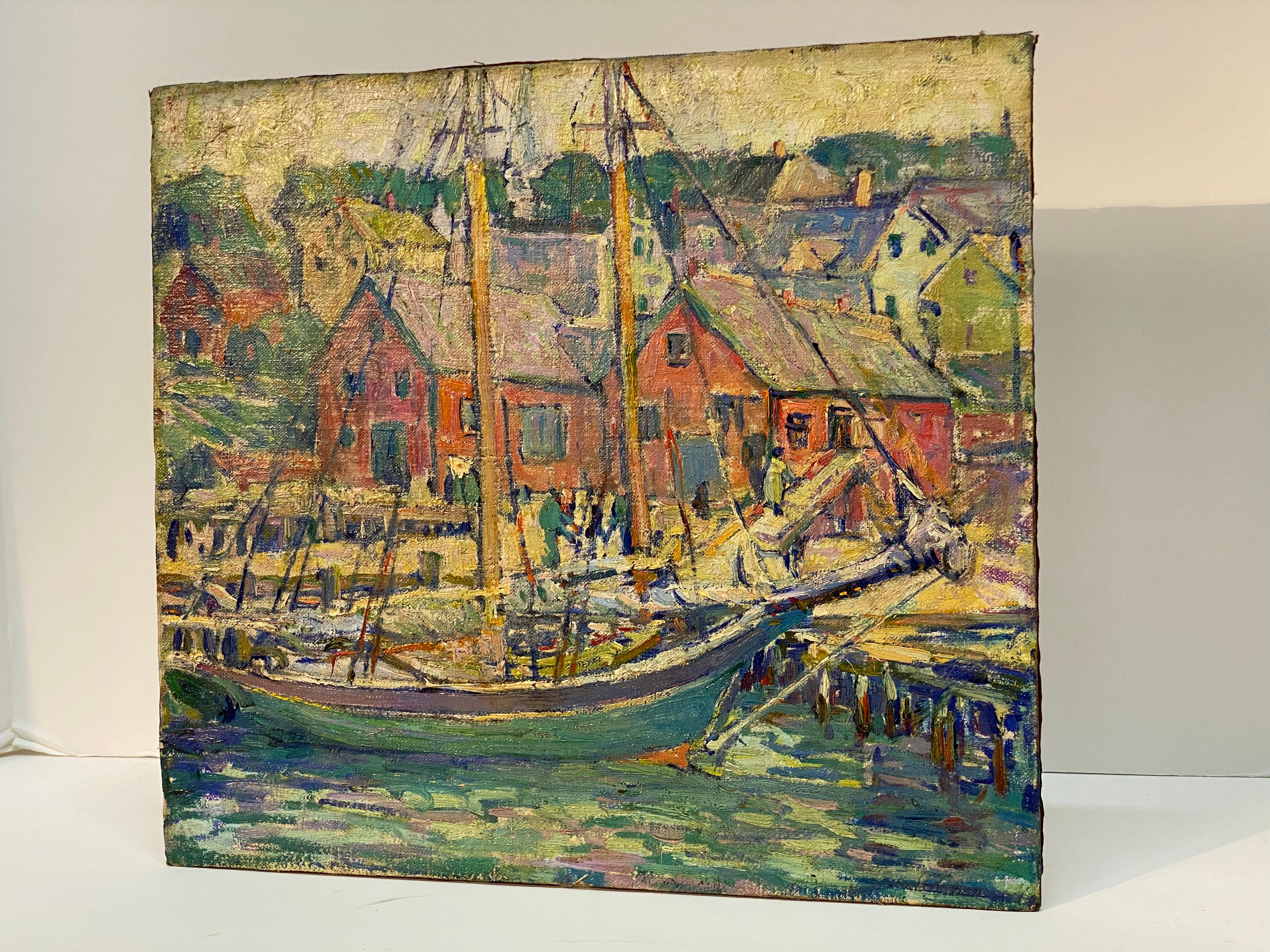 Amerikanischer Impressionismus  Kathryn E. Bard Kirschbaum Gloucester Wharf, Ölgemälde  (Handbemalt) im Angebot