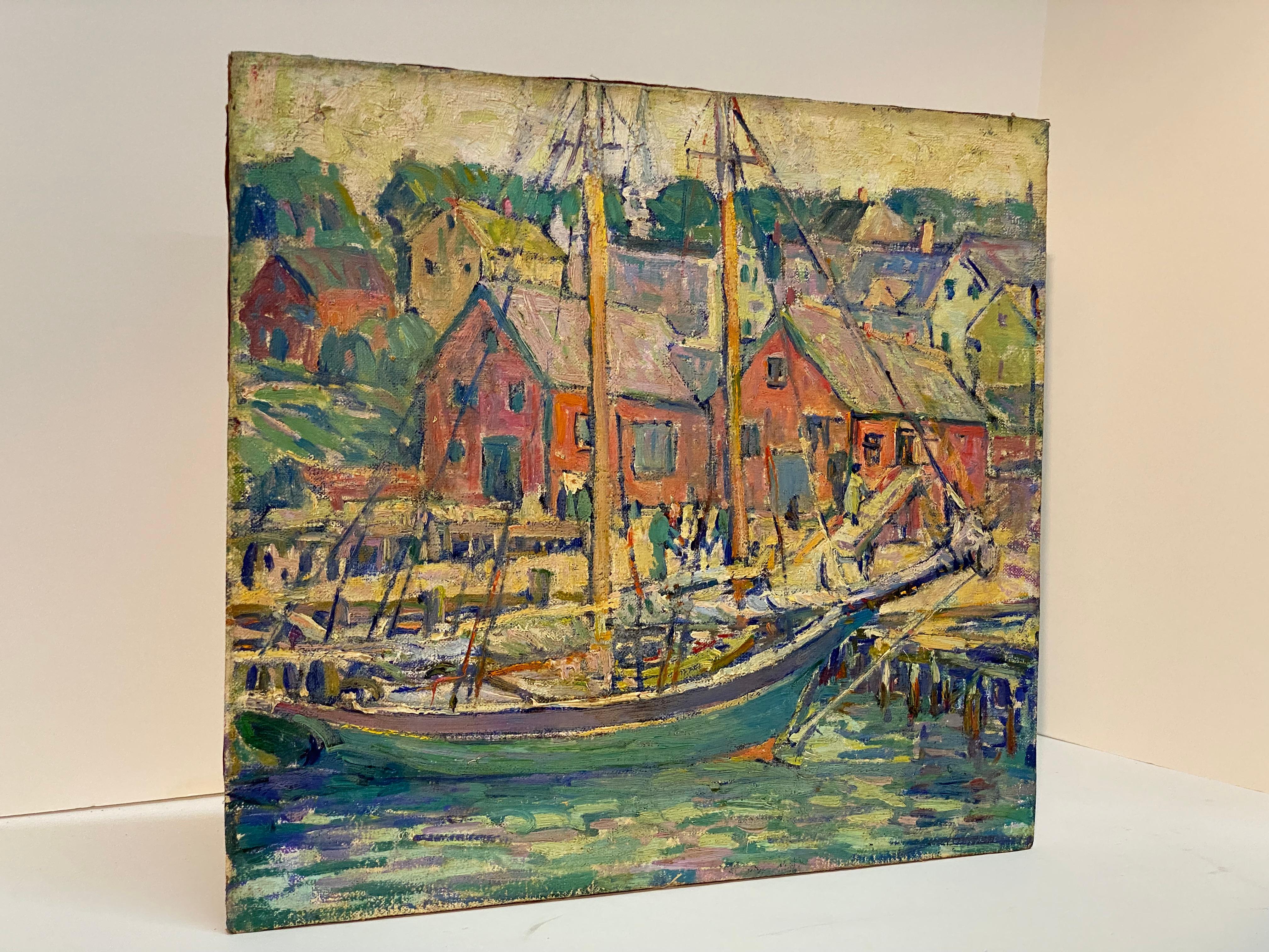 Impressionnisme américain  Kathryn E Bard Cherry Gloucester Wharf peinture à l'huile  Bon état - En vente à Garnerville, NY