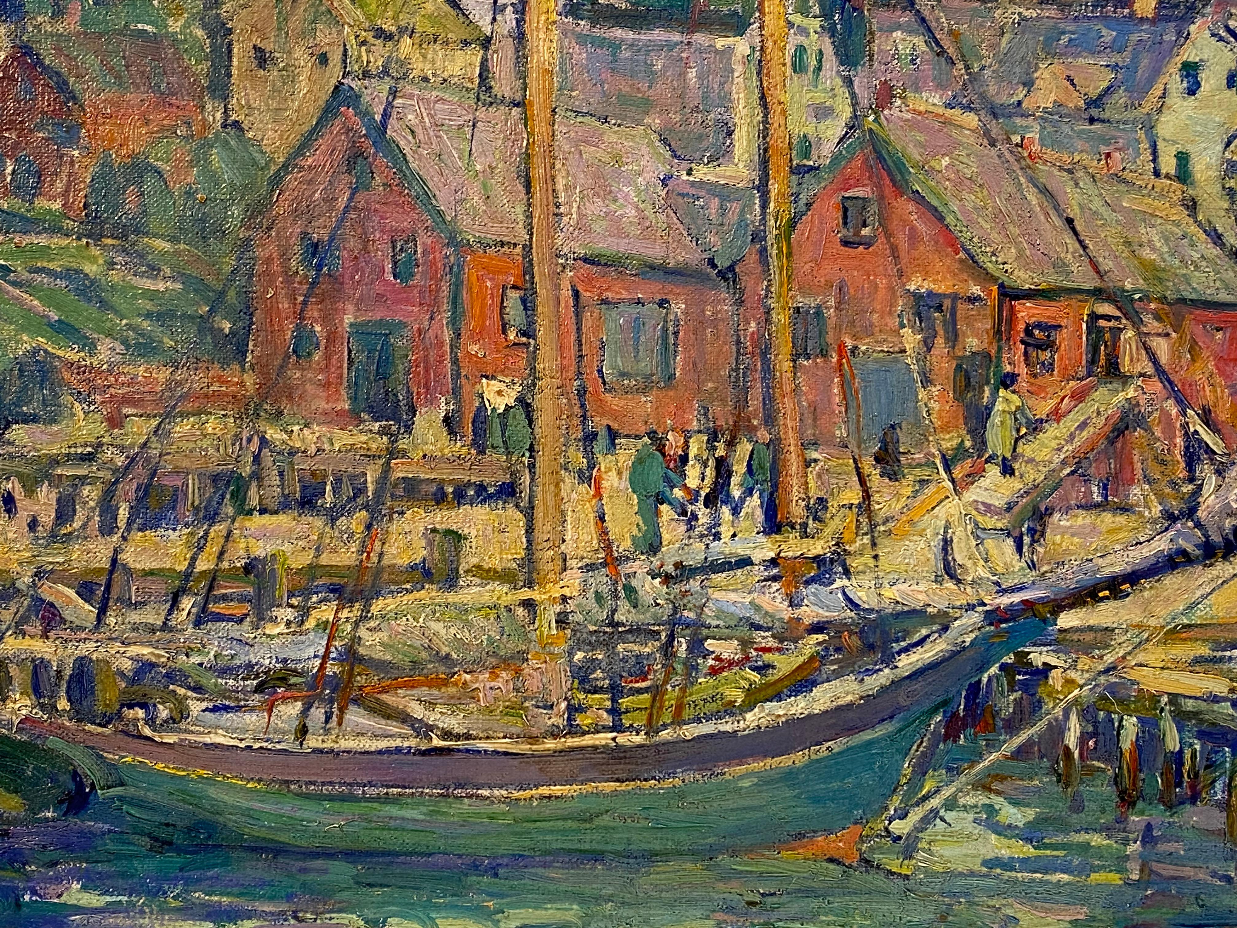 20ième siècle Impressionnisme américain  Kathryn E Bard Cherry Gloucester Wharf peinture à l'huile  en vente