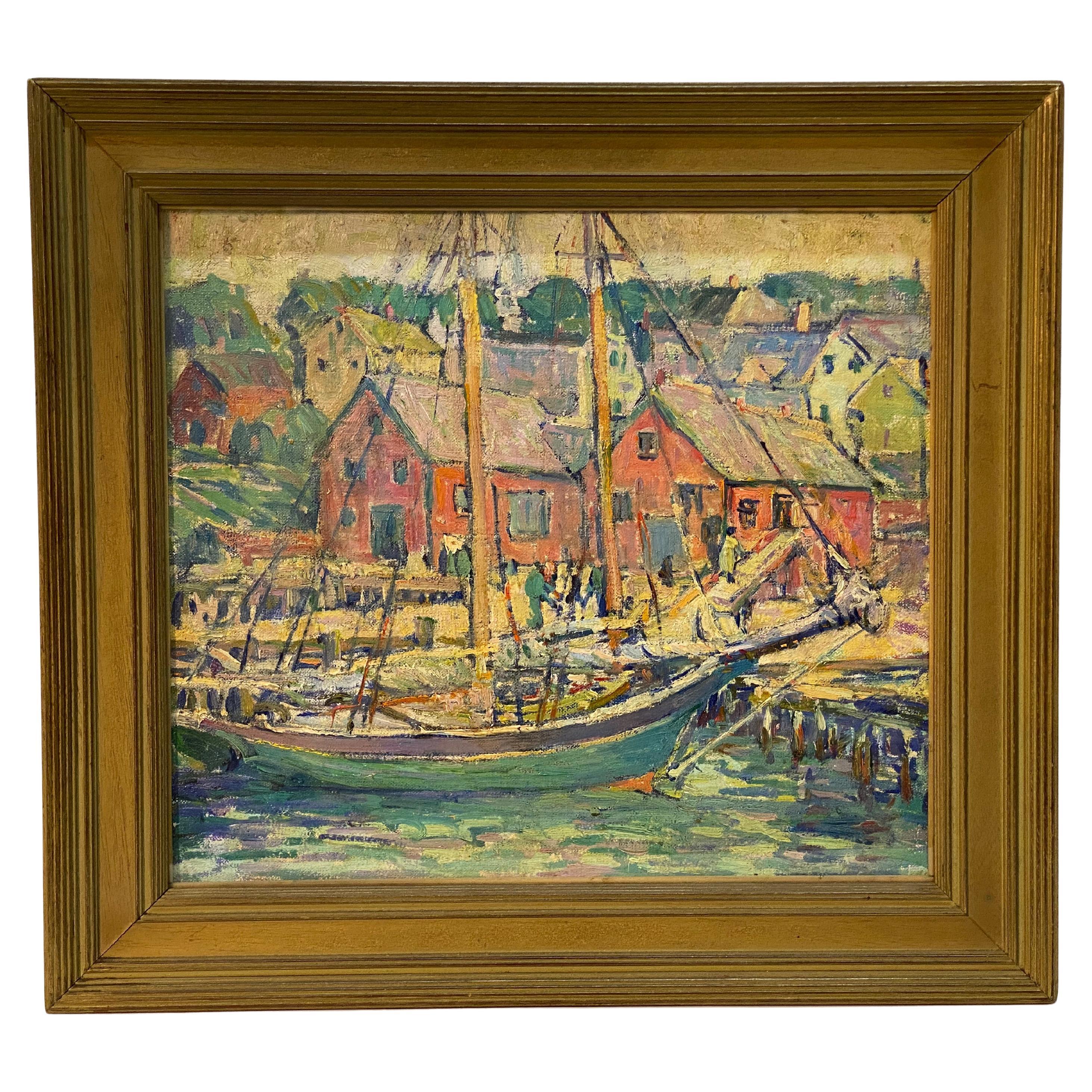 American Impressionist  Kathryn E Bard Cherry Gloucester Wharf Oil Painting  For Sale