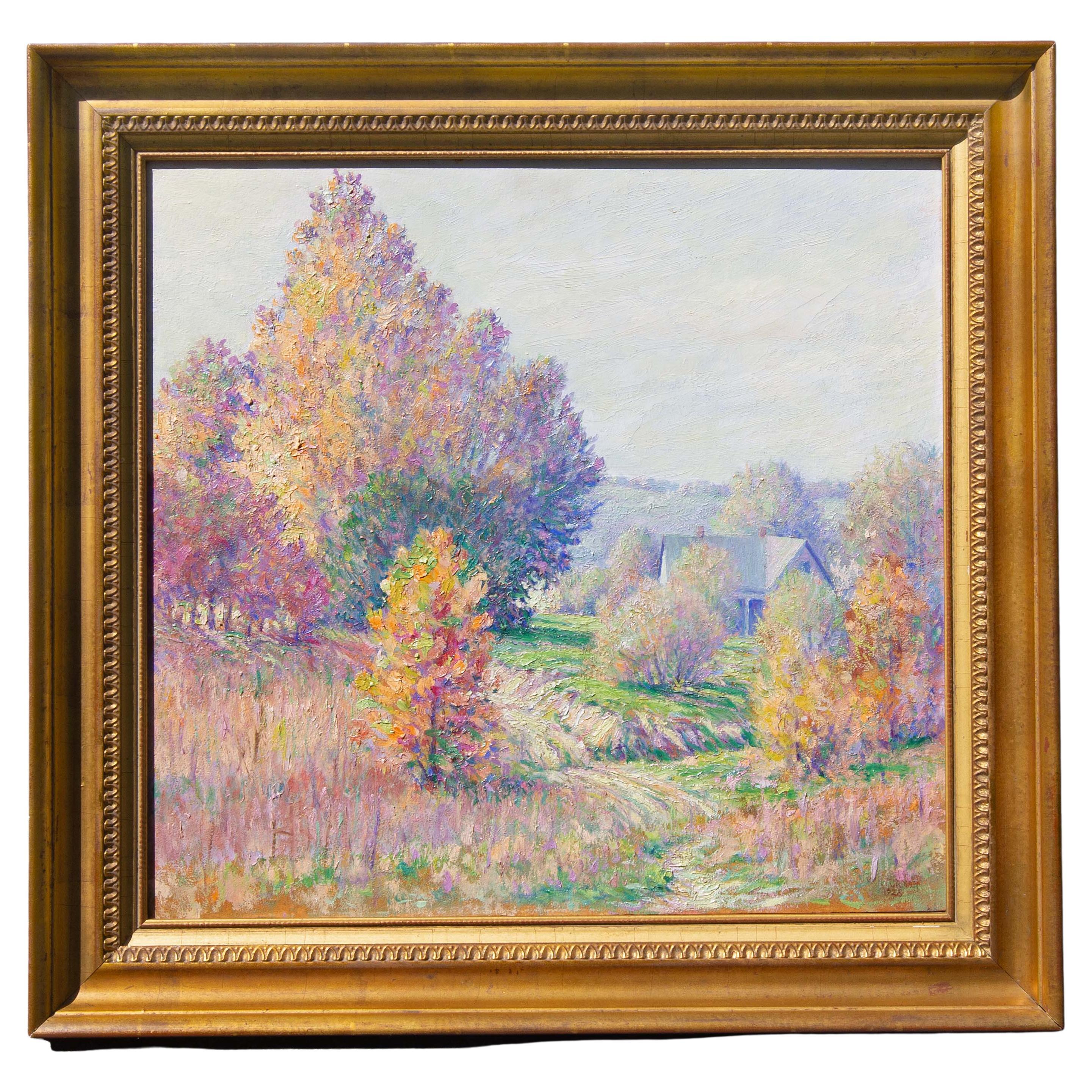 American impressionist summer landscape painting by William T. Turman. Soft pastel colors. Oil on board. Signed lower right and dated 1928. Indiana Art Association exhibition label on reverse. In a good quality real gold leaf frame.
Presented by
