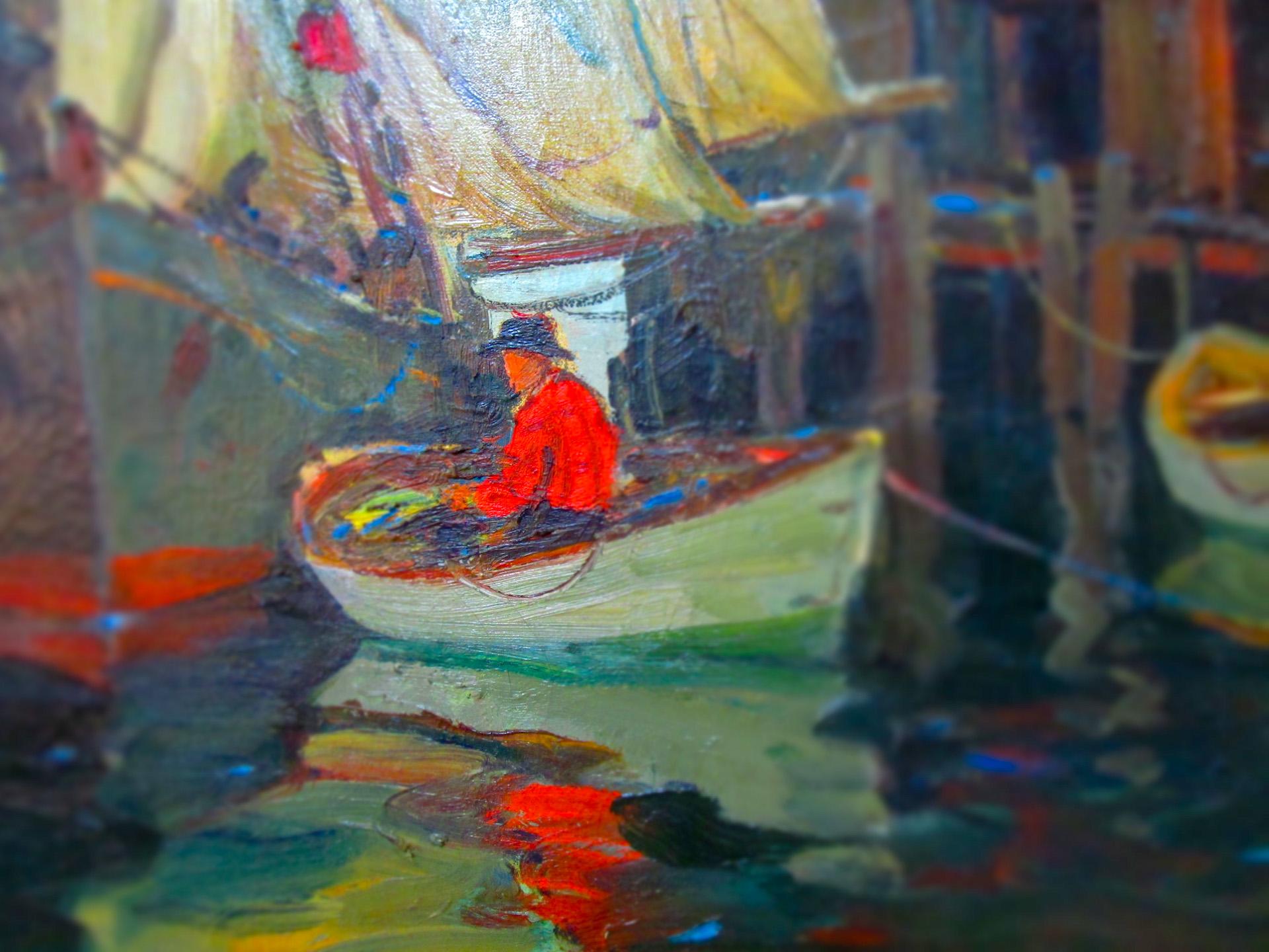 Diese beeindruckende amerikanische Impressionisten Öl auf Leinwand Hafenszene mit dem Titel 