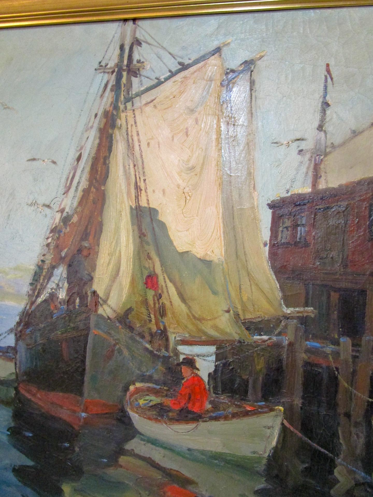 Amerikanisches impressionistisches Hafengemälde „Sails Up“ von A. Thieme, Neuengland (Sonstiges) im Angebot