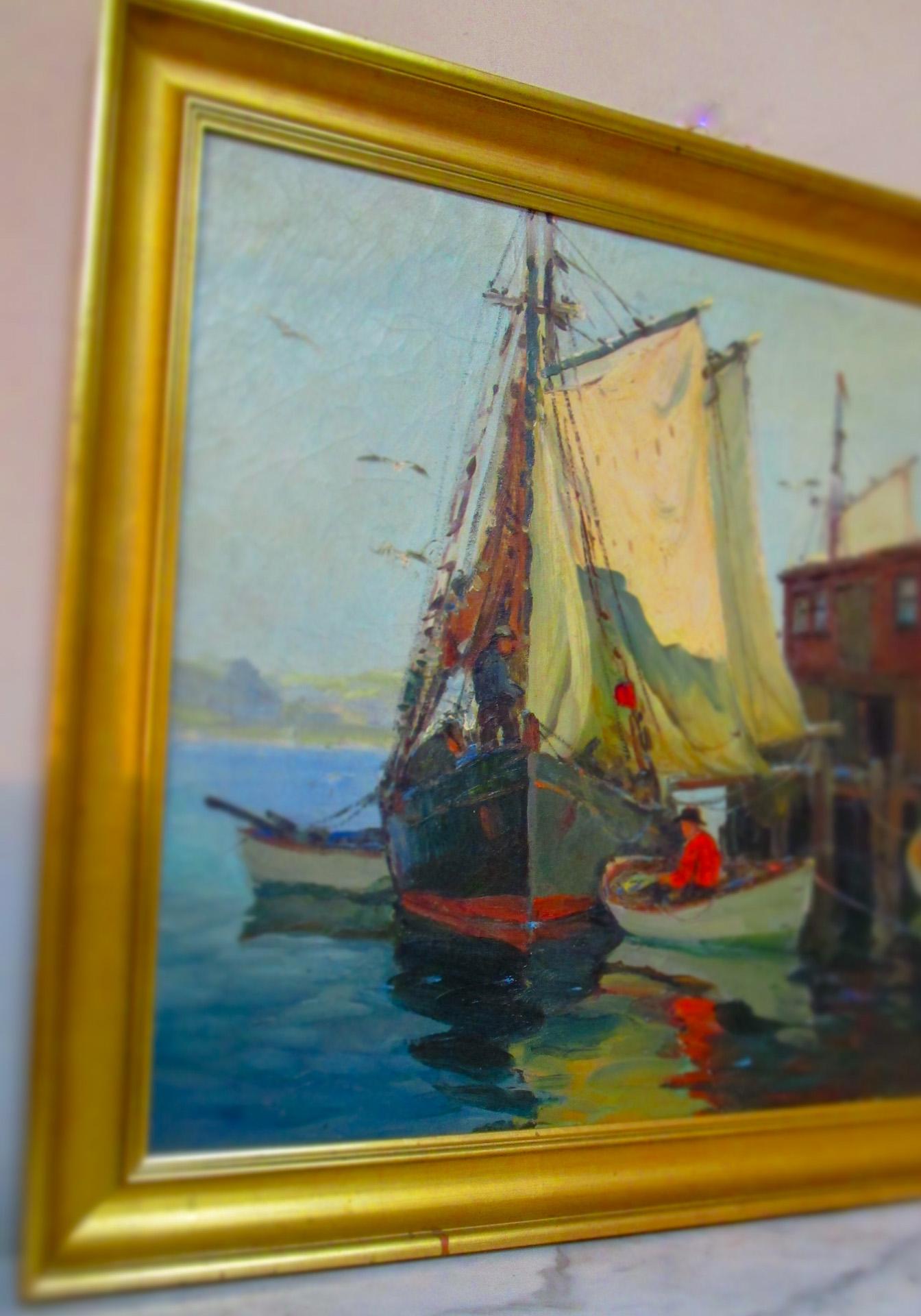 Américain Peinture impressionniste américaine de scène portuaire de la Nouvelle-Angleterre intitulée 