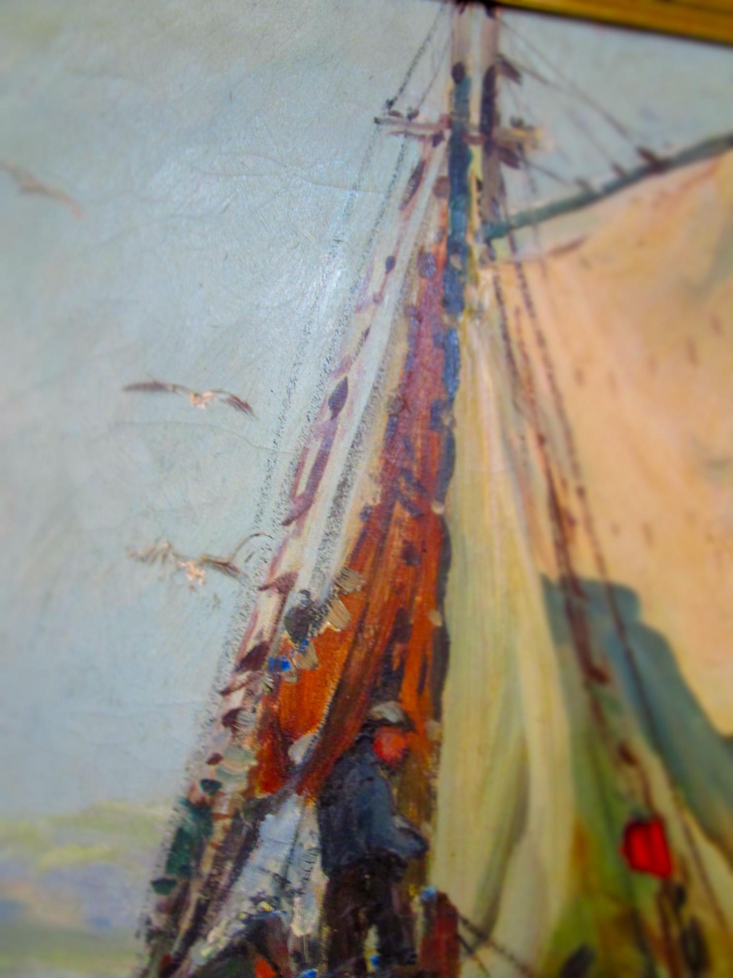 Amerikanisches impressionistisches Hafengemälde „Sails Up“ von A. Thieme, Neuengland (Geölt) im Angebot