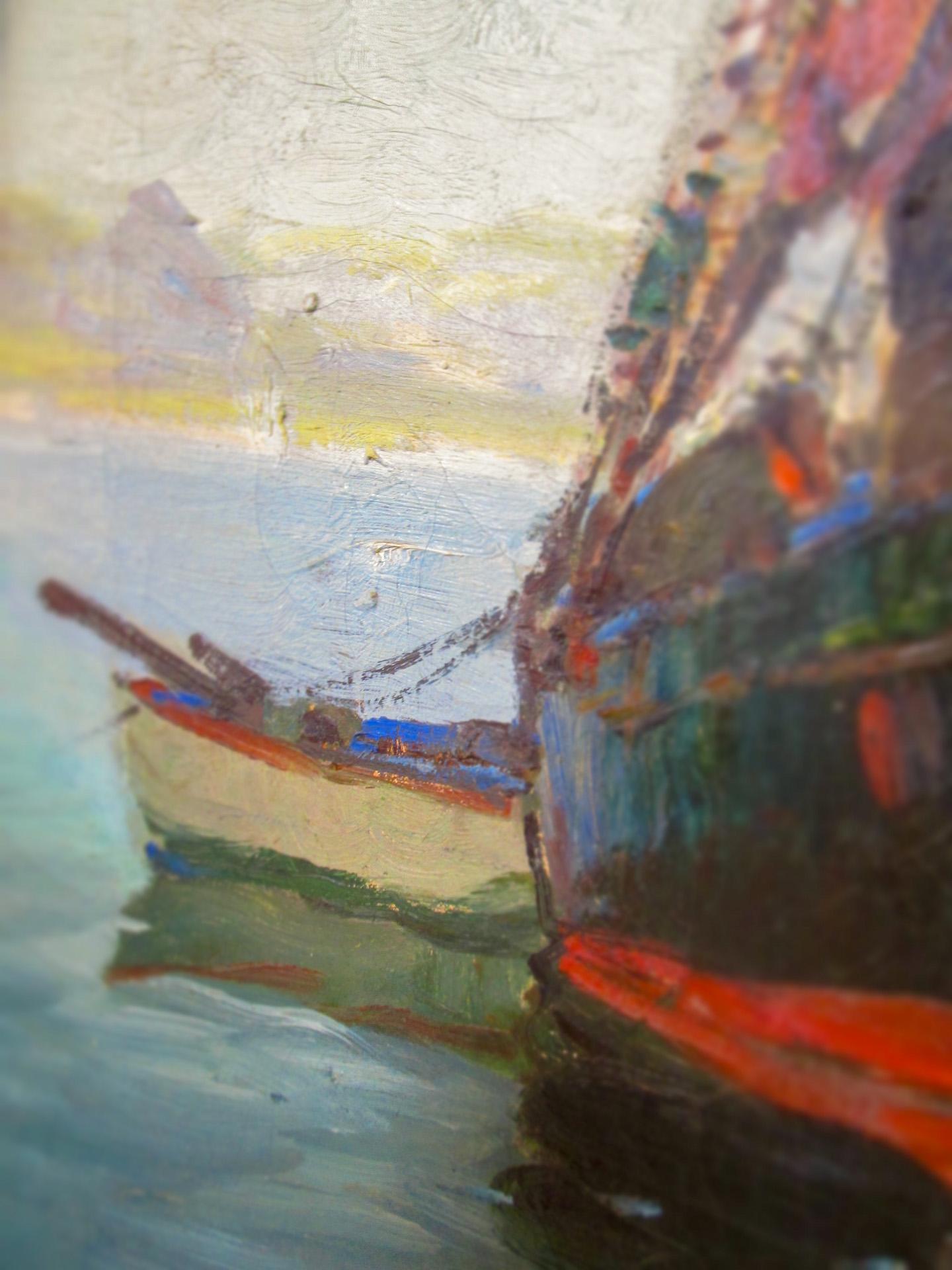 Amerikanisches impressionistisches Hafengemälde „Sails Up“ von A. Thieme, Neuengland im Zustand „Gut“ im Angebot in Savannah, GA